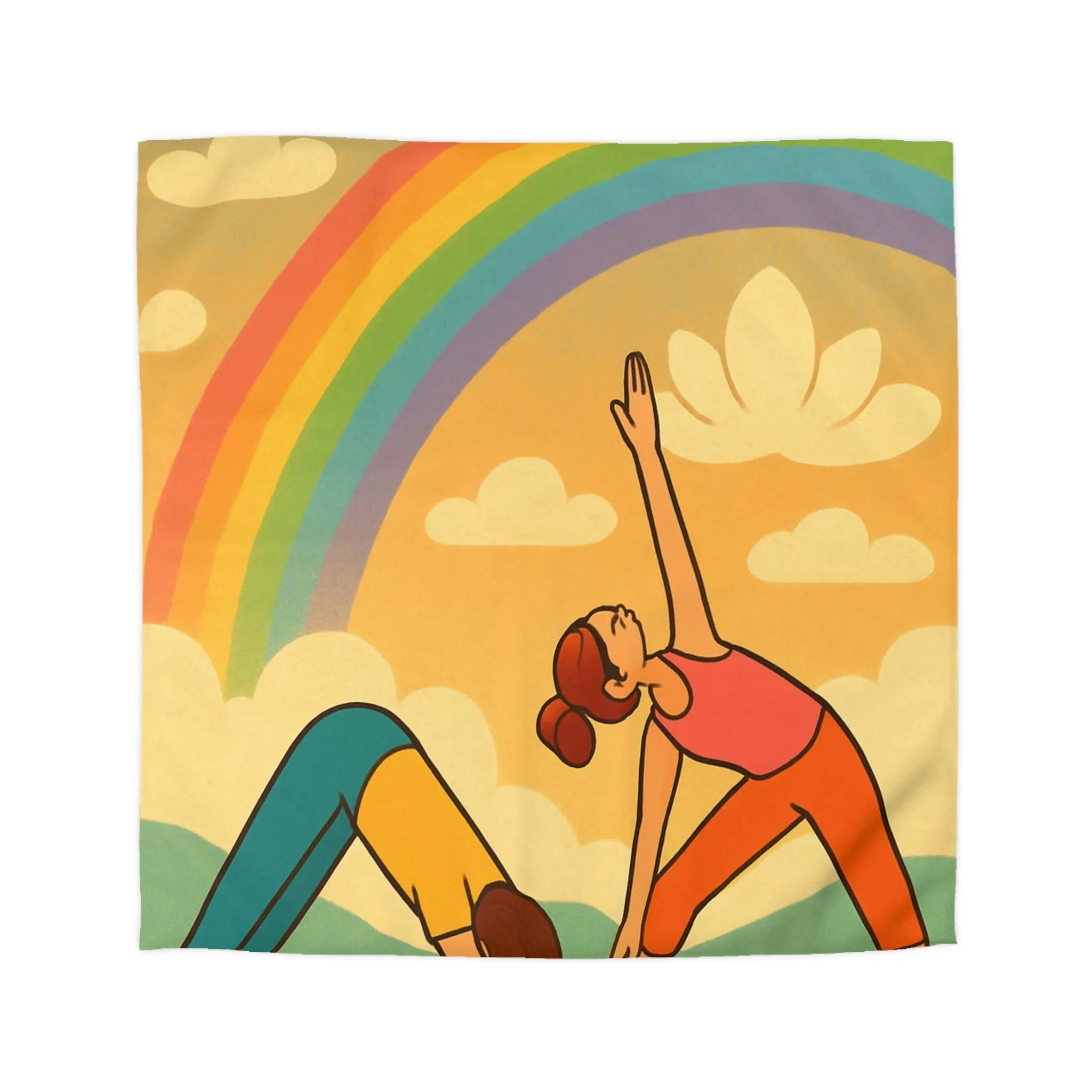 Housse De Couette Enfant Avec Arc-en-Ciel Coloré Et Personnages Pratiquant Le Yoga Énergique