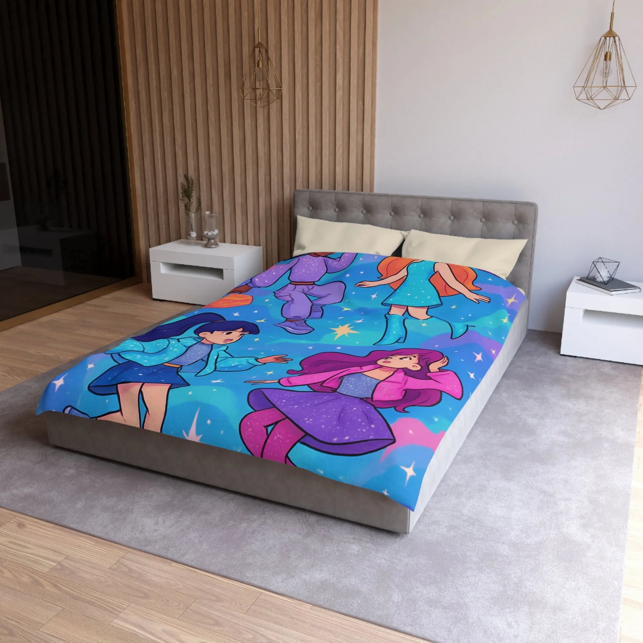 Housse de couette colorée avec filles dans l'espace et étoiles scintillantes joyeuses