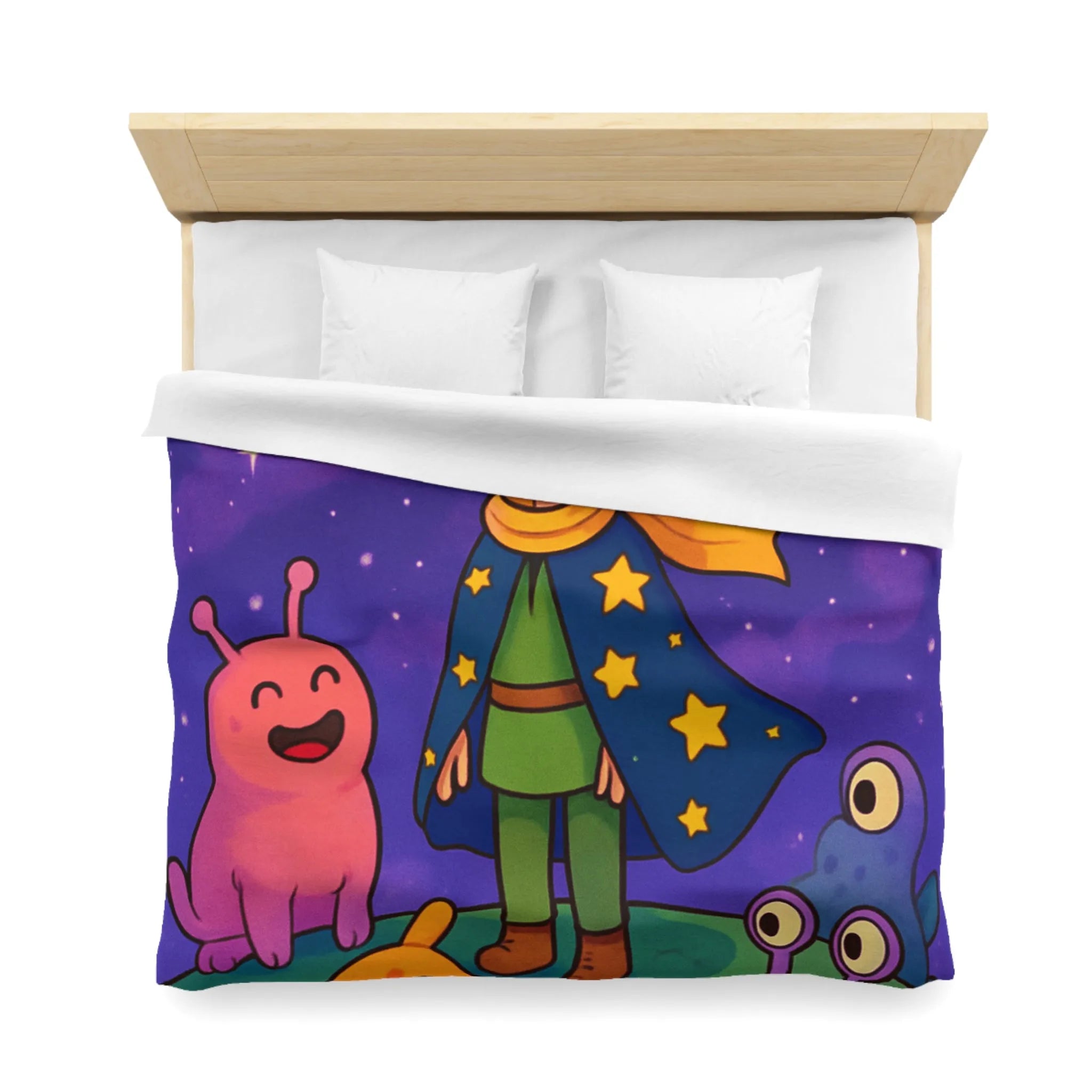 Housse de Couette Colorée Enfantine avec Enfant et Créatures sous Ciel Étoilé