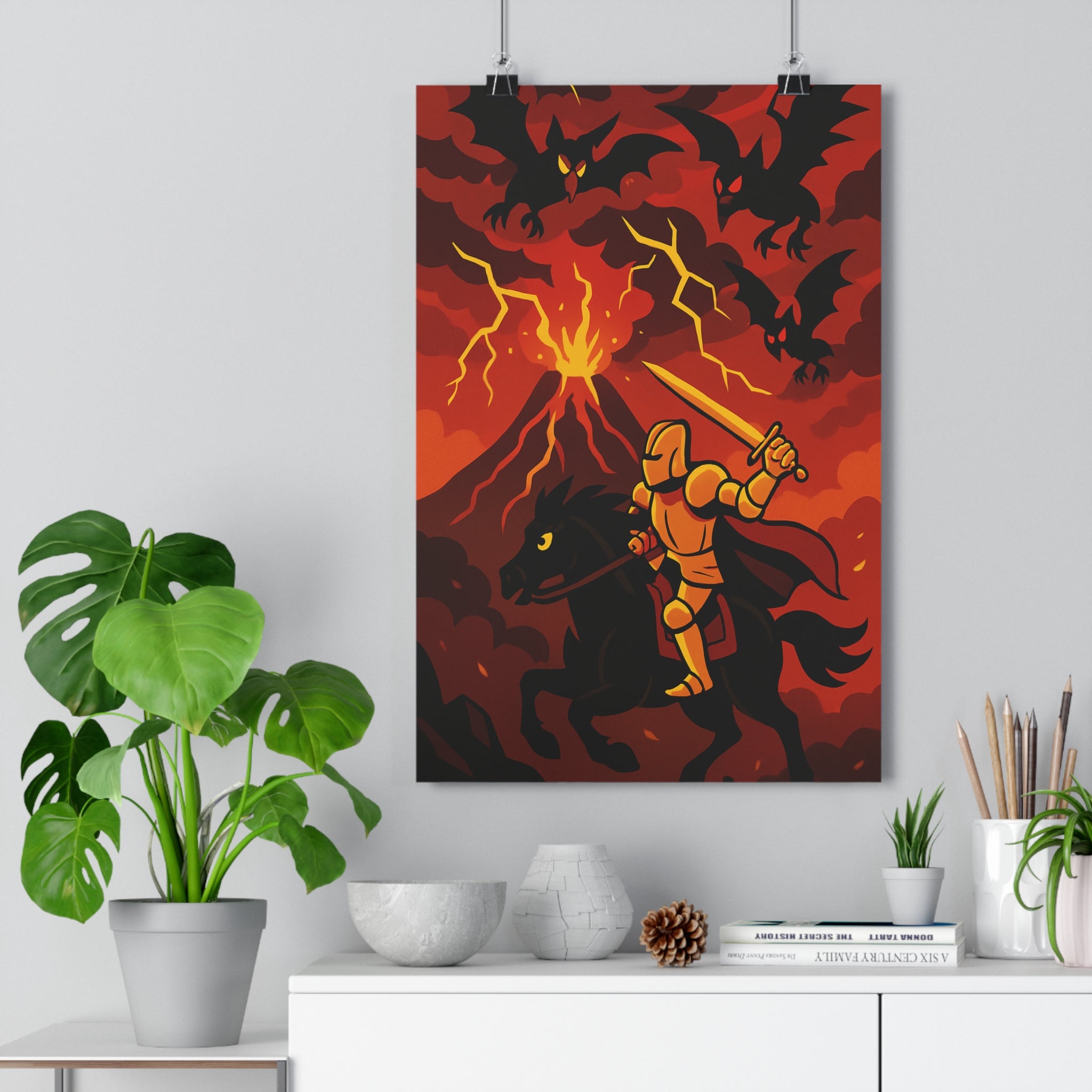 Poster décoratif chevalier épique cartoon rouge jaune intense salon chambre aventure créatif mural qualité
