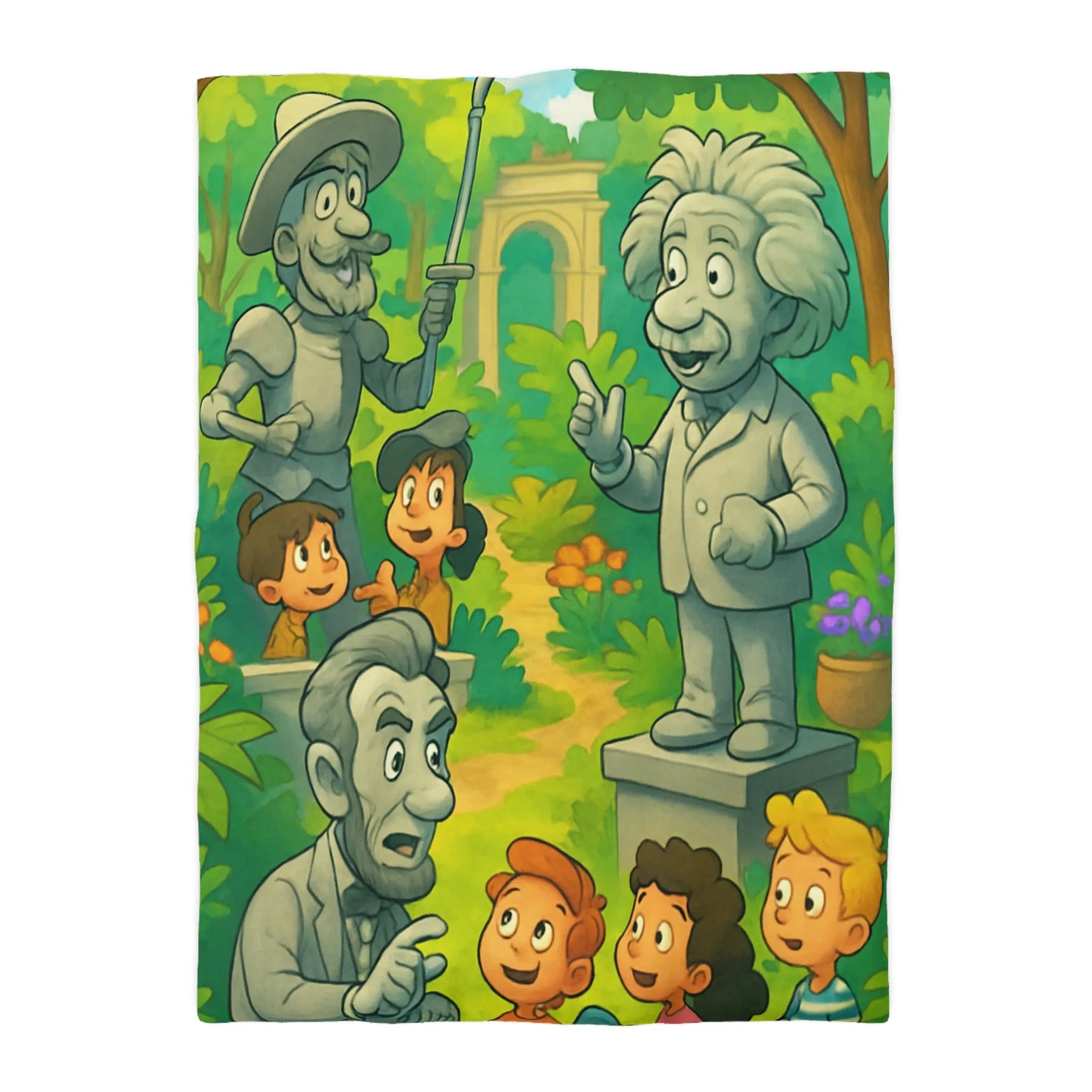 Housse de couette illustrée avec personnages historiques et enfants dans un jardin coloré