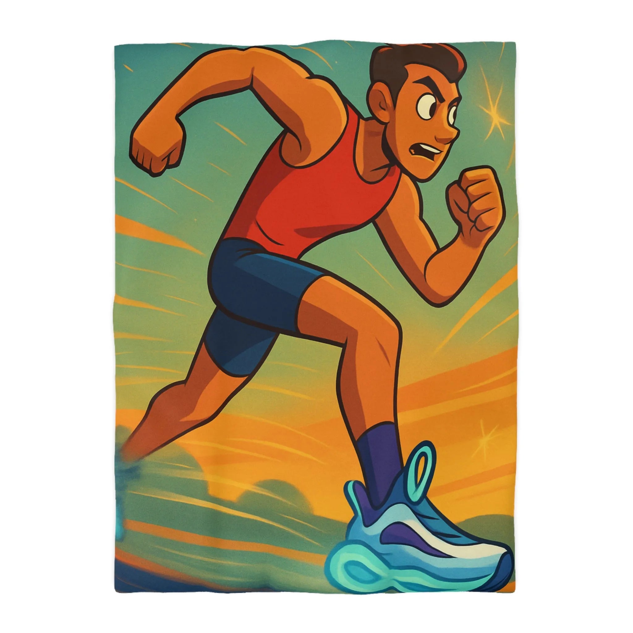 Housse de couette dynamique coureur stylisé accélérant sur fond d’énergie vibrante