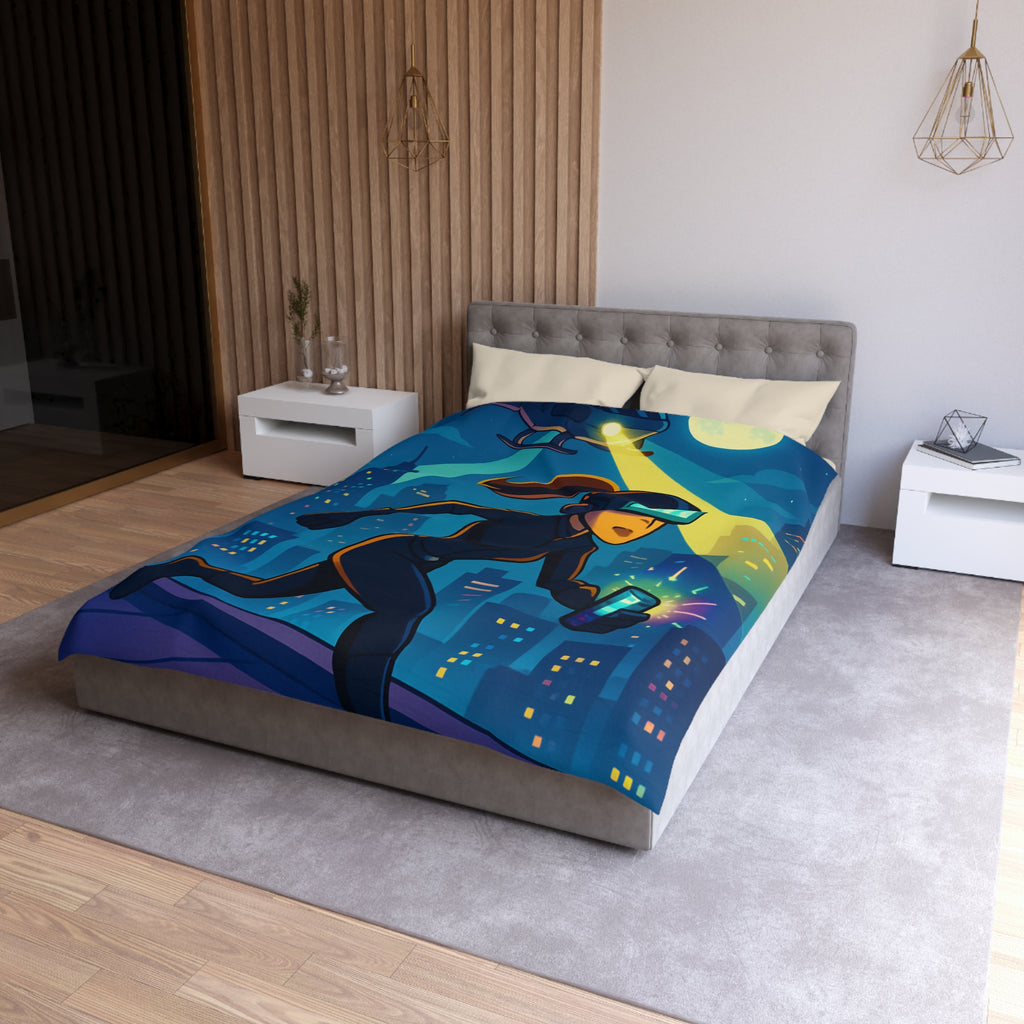 Housse de couette moderne avec motif de ville et personnage futuriste en action