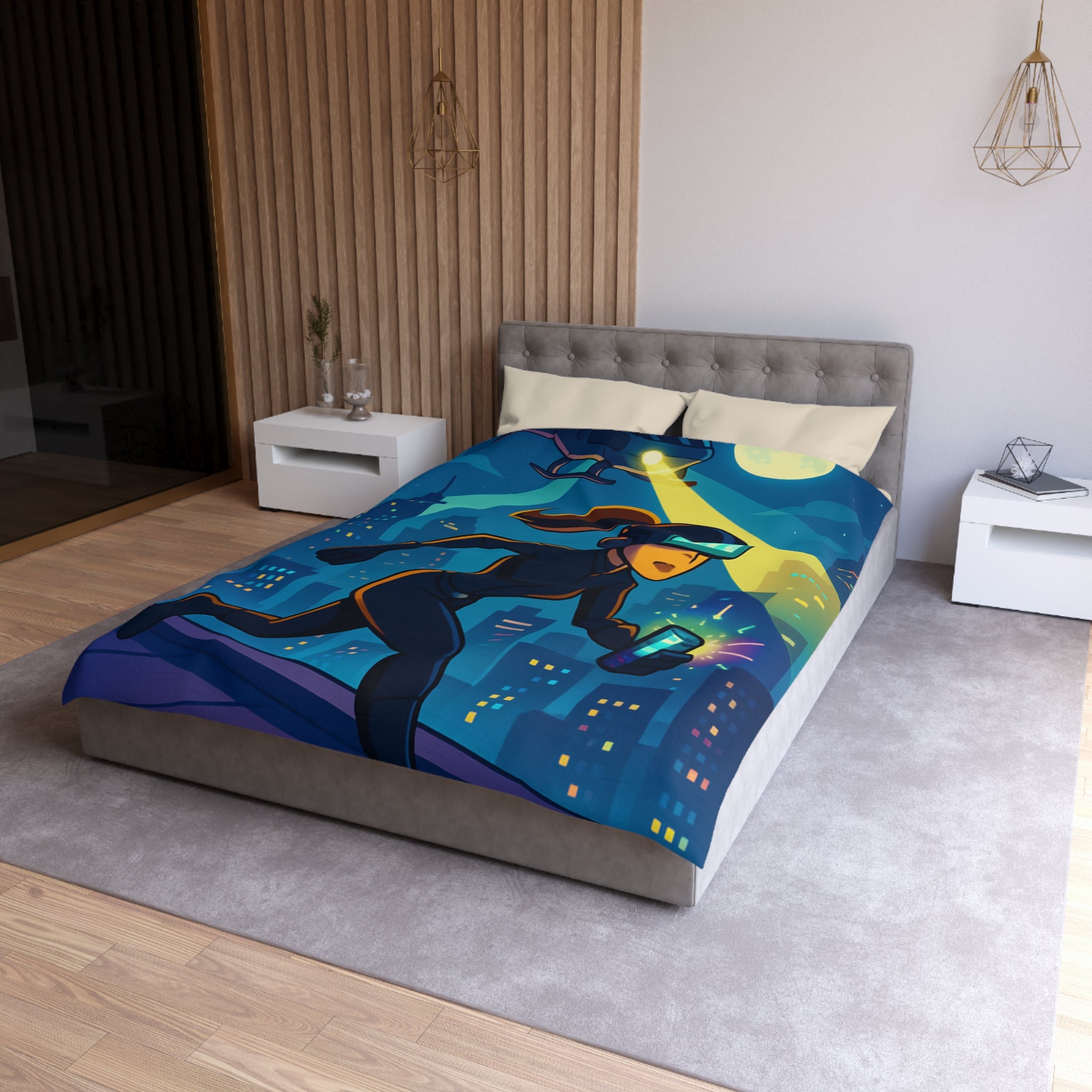 Housse de couette moderne avec motif de ville et personnage futuriste en action