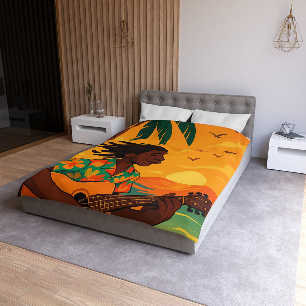 Housse de couette tropicale avec musique, coucher de soleil et palmiers exotiques pour chambre