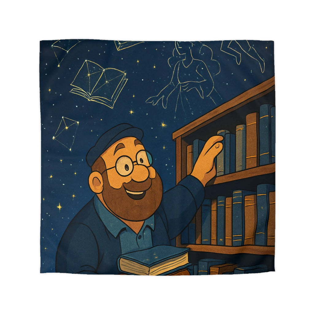 Housse de couette magique avec bibliothécaire sous ciel étoilé et livres animés