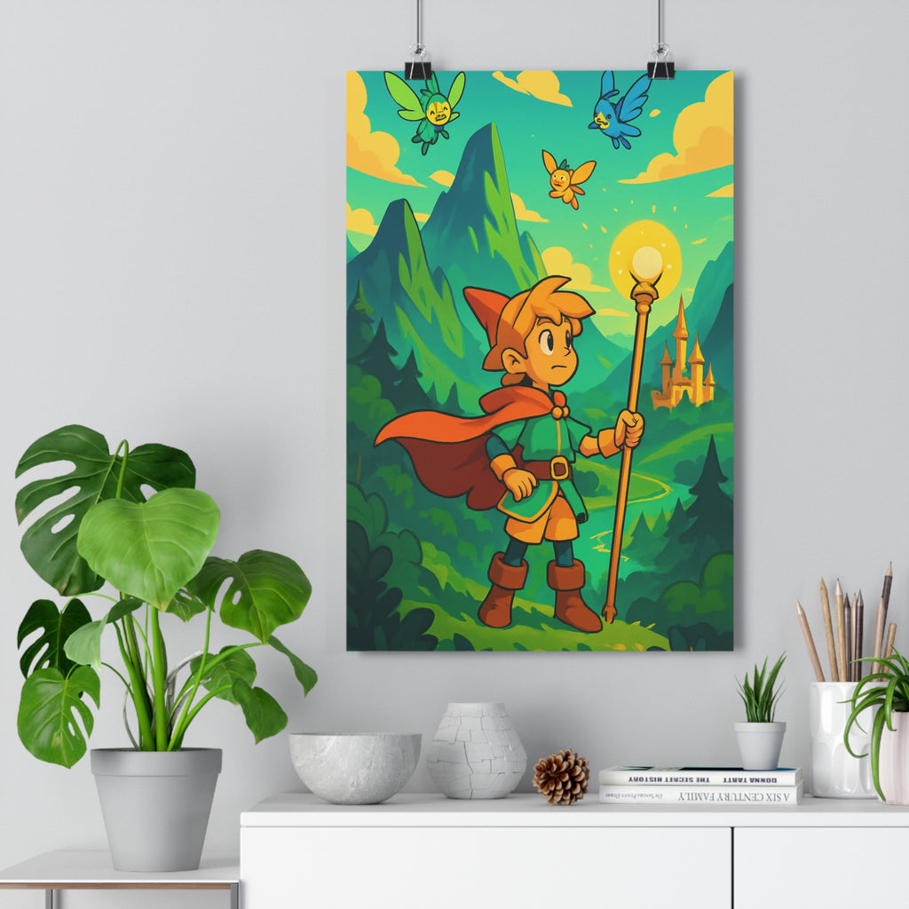 Poster décoratif aventure dessin animé vert bleu chambre enfant magique créatures fantastique lumineux paysage