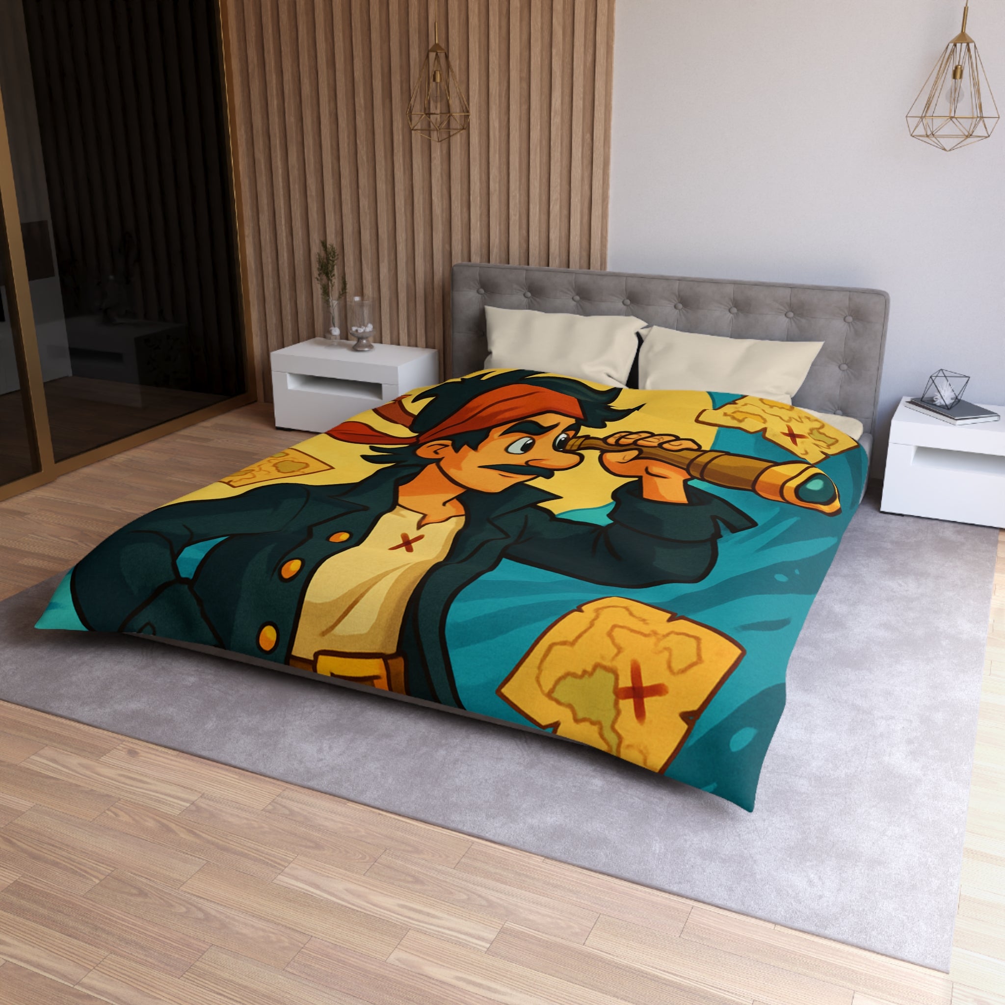 Housse de Couette Pirate pour Chambre Adulte avec Carte Trésor et Vagues Océaniques