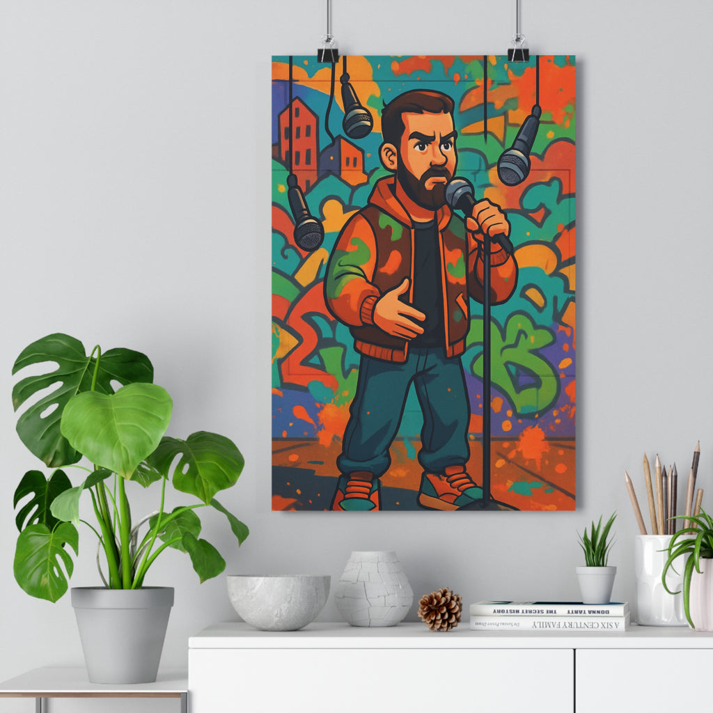 Poster décoratif cartoon urbain homme barbu micro graffitis bleu orange vert dynamique bureau qualité
