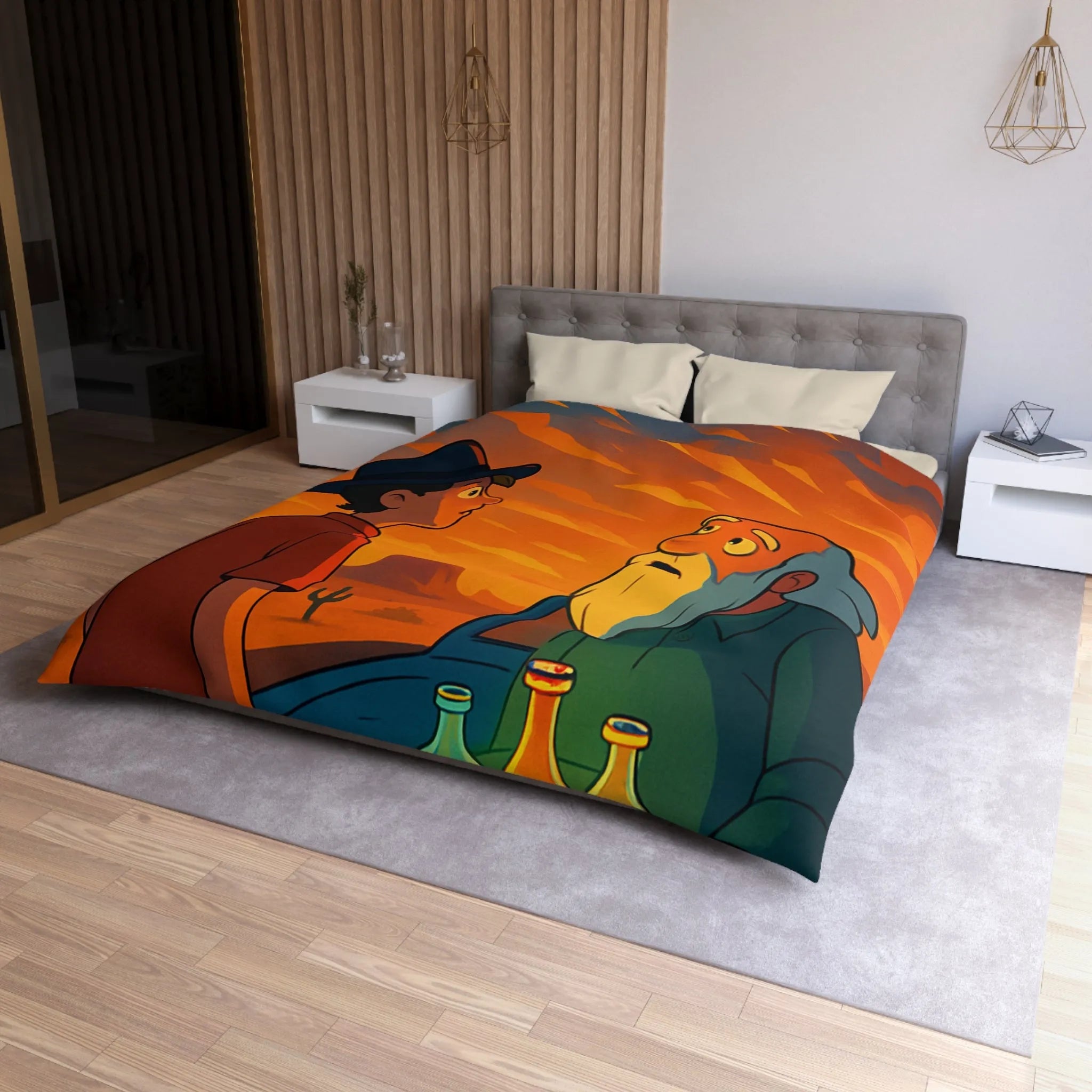 Housse de couette artistique coucher de soleil désertique avec flacons lumineux et personnages