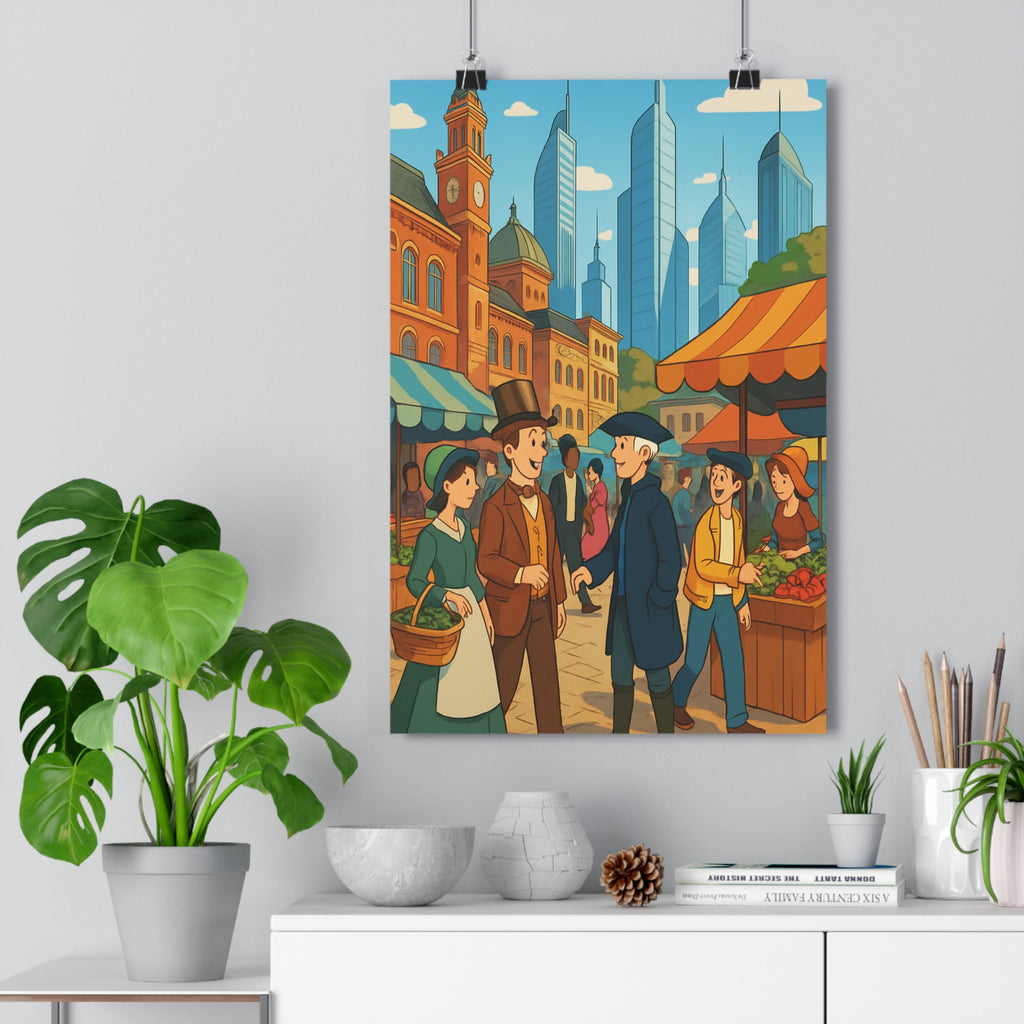 Poster décoratif marché animé historique moderne joyeux cartoon salon chambre couleurs chaudes contrastes élégance