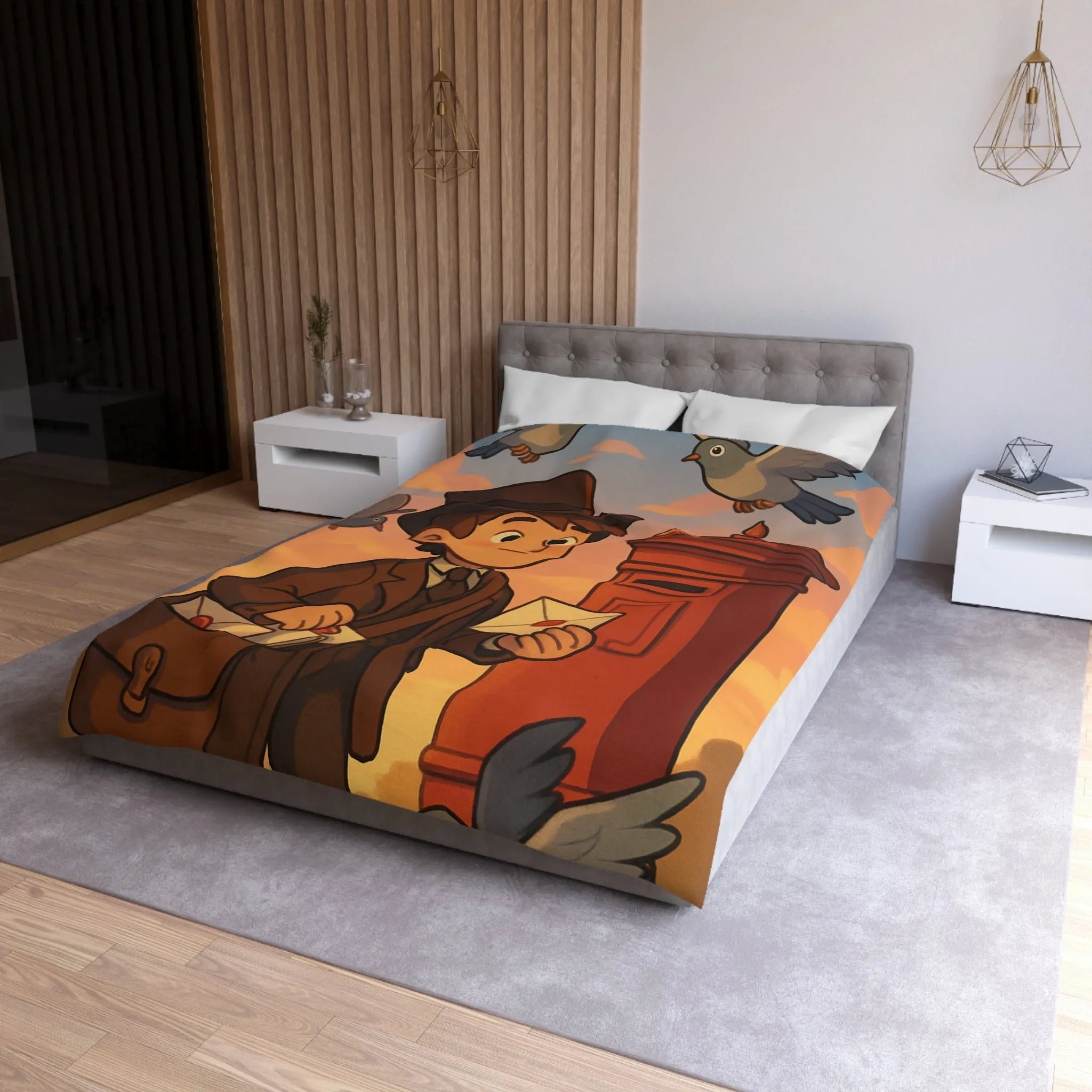 Housse de couette illustrée avec poste vintage et pigeons dans ciel au coucher du soleil