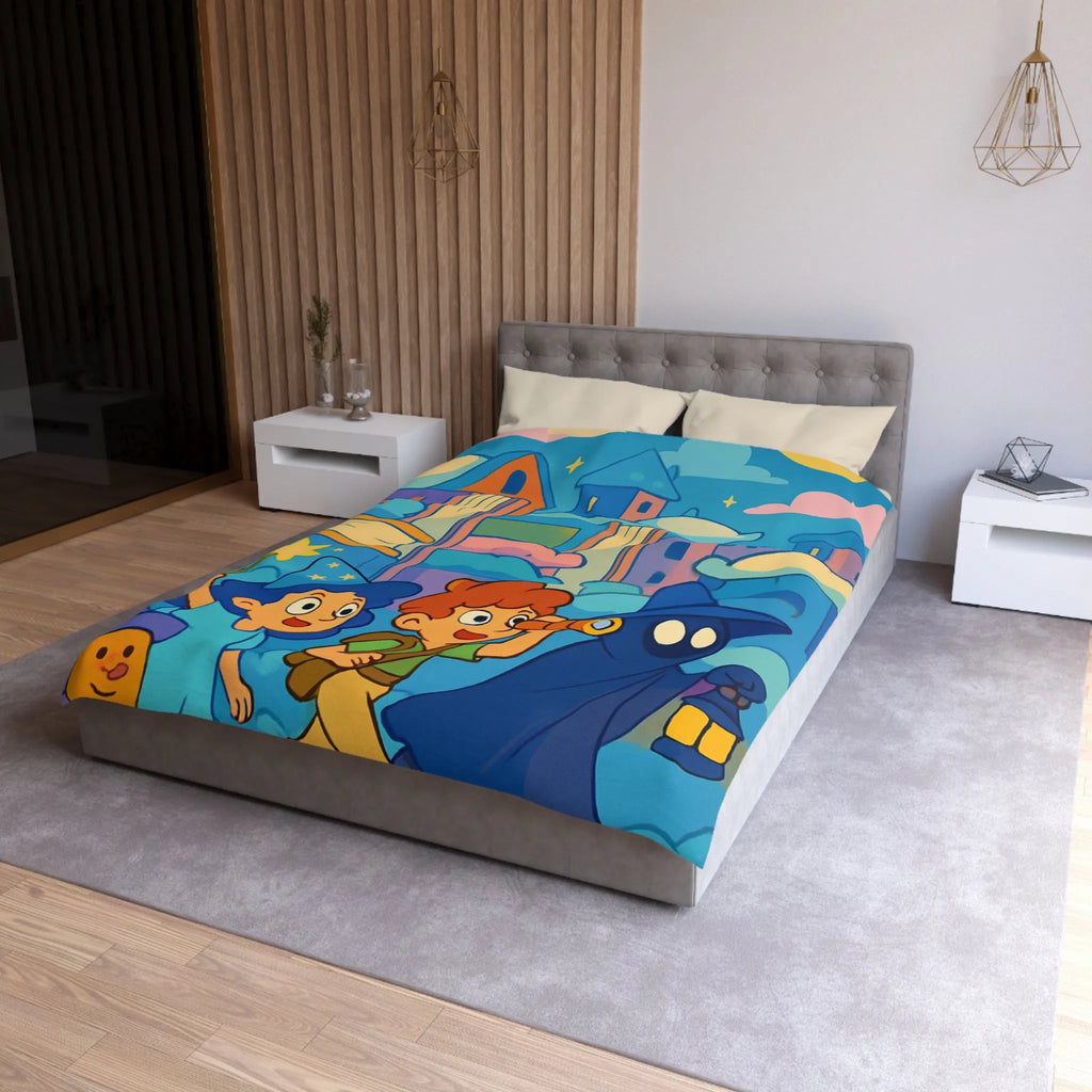 Housse de couette magique enfants avec illustration de sorcier, château et ciel étoilé
