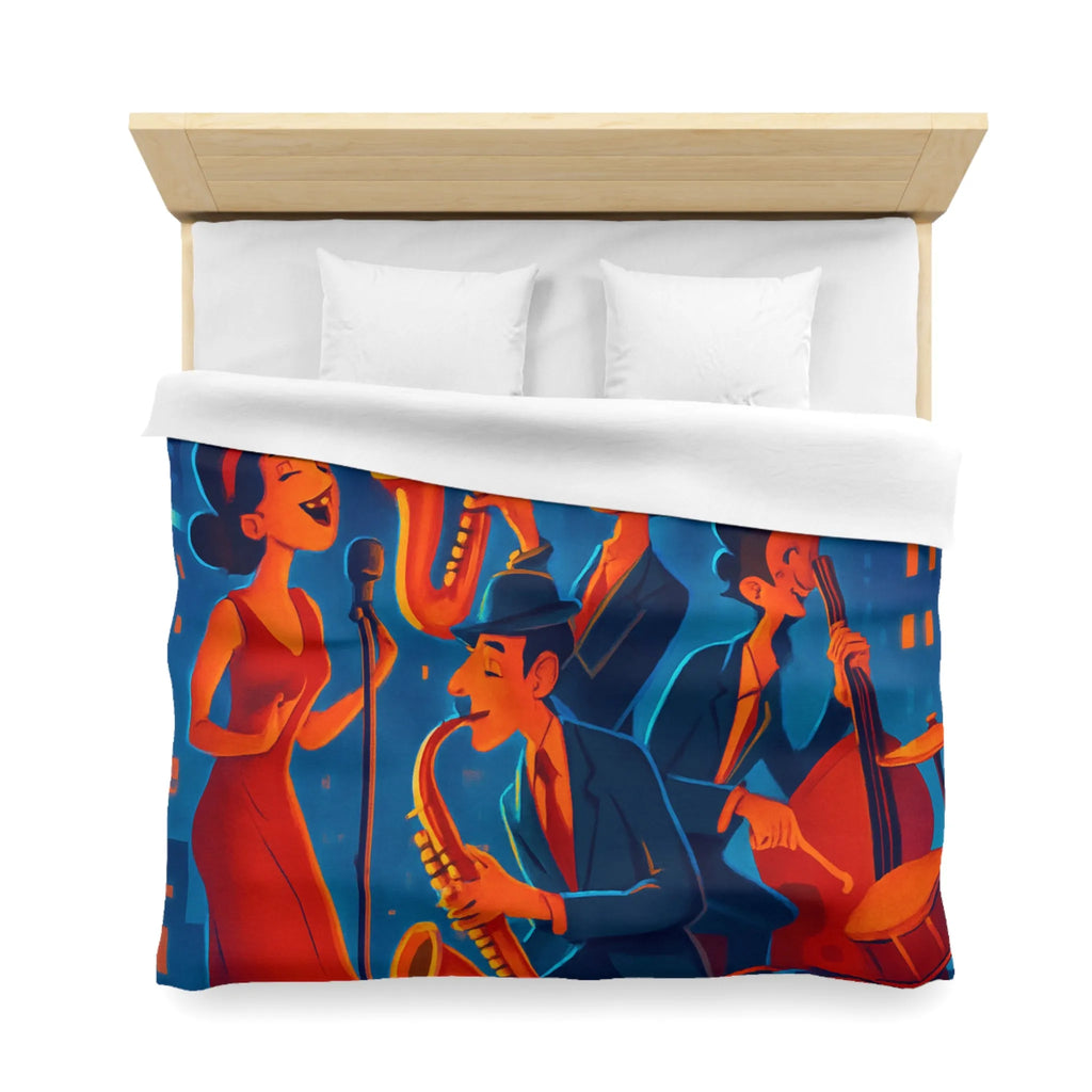Housse de couette jazz rétro avec chanteuse et musiciens devant gratte-ciels éclairés