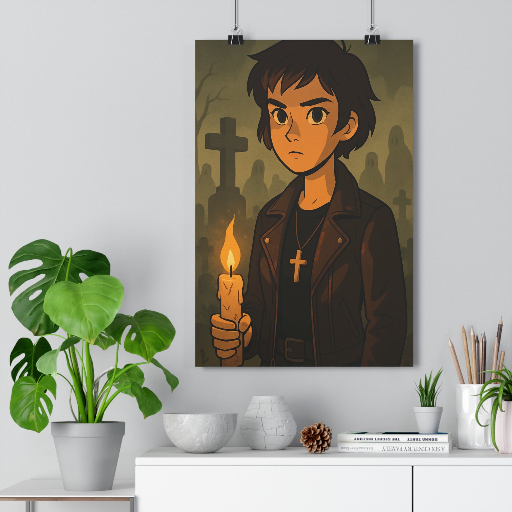 Poster décoratif sombre mystérieux horreur cimetière chambre salon fille bougie cuir croix élégante spectres