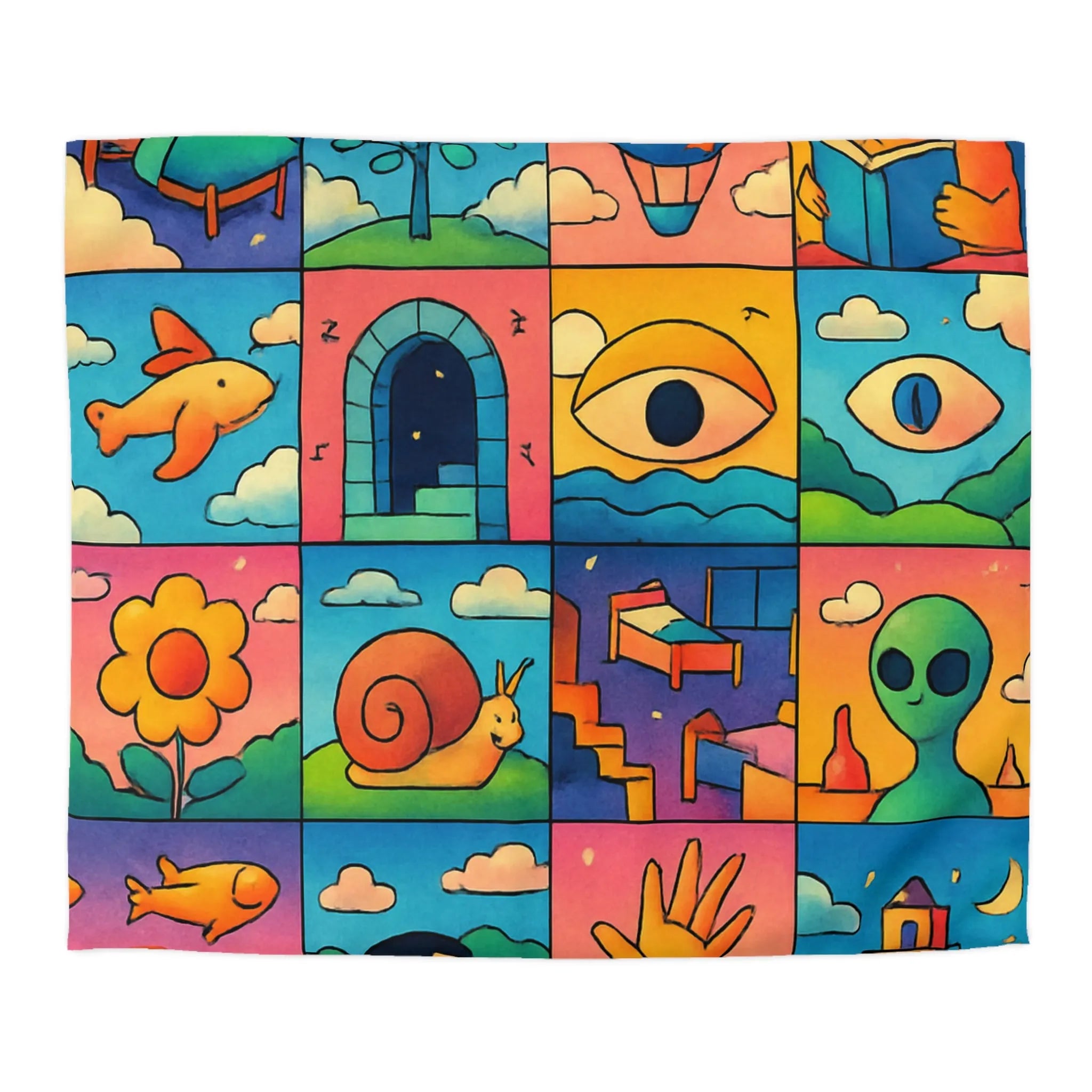 Housse de couette colorée avec motifs surréalistes, animaux et paysages de rêve