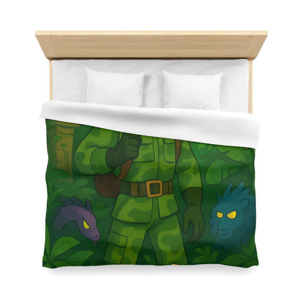 Housse de couette avec explorateur aventurier parmi créatures fantastiques et forêt luxuriante