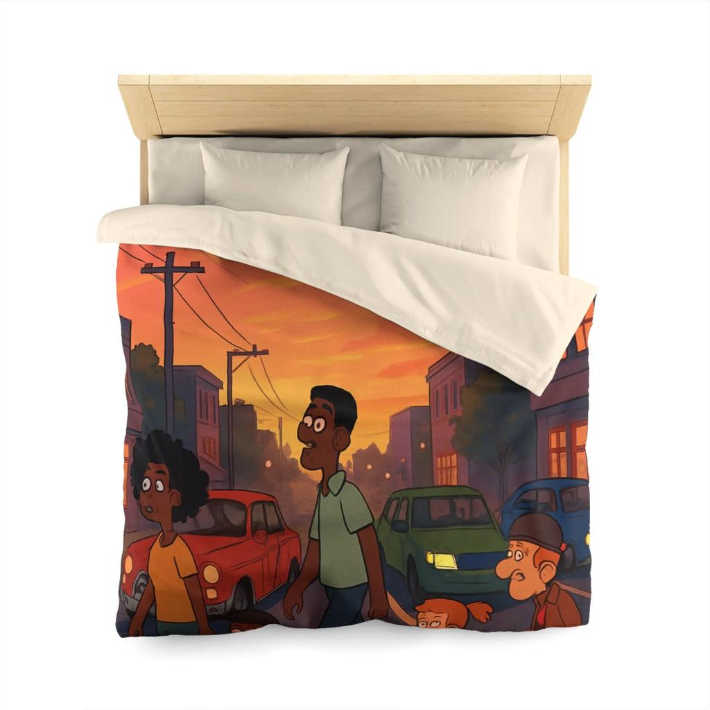 Housse de couette coucher de soleil urbain coloré, personnages divers traversant rue animée