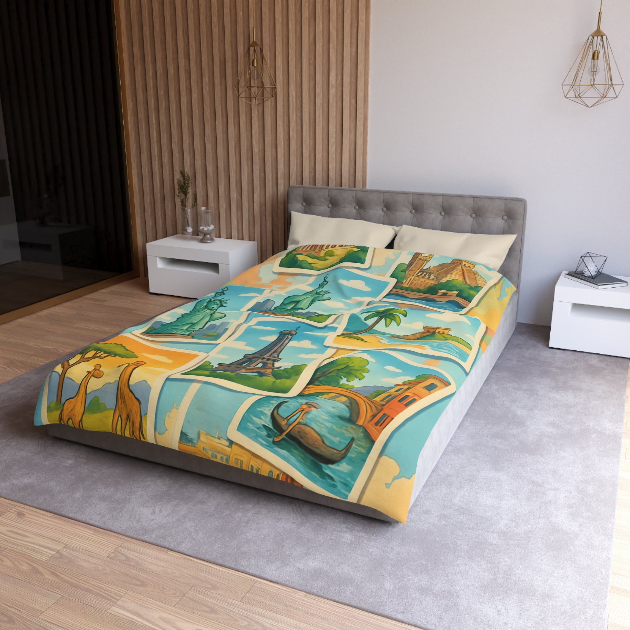 Voyage Mondial Coloré: Housse de Couette avec Monuments et Paysages Iconiques des Continents