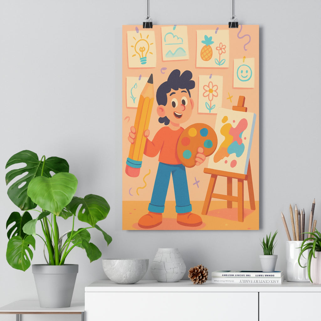 Poster décoratif joyeux cartoon bleu jaune enfant chambre artistique inspirant coloré moderne crayon peinture