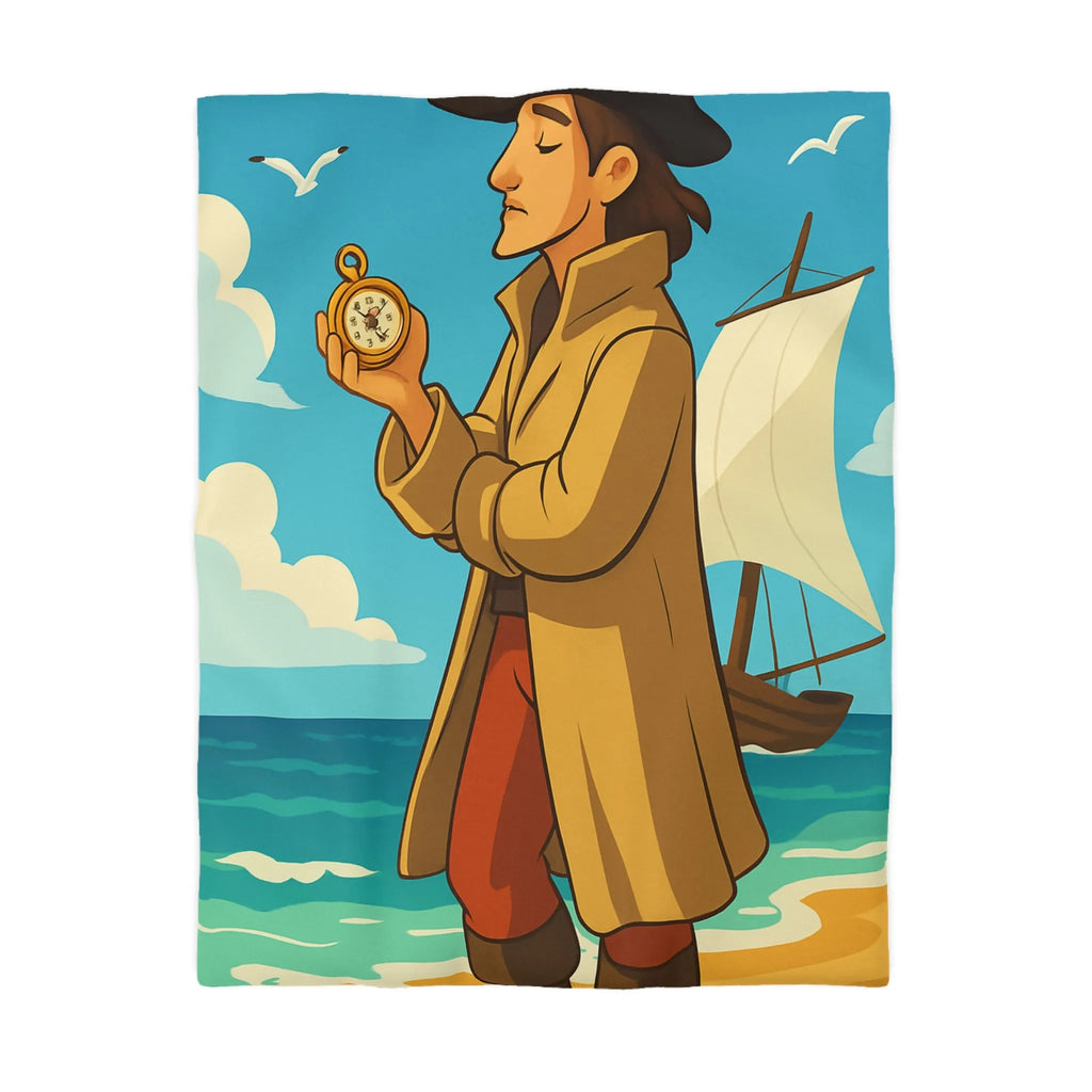 Housse de couette avec illustration de marin vintage et montres de poche sur plage