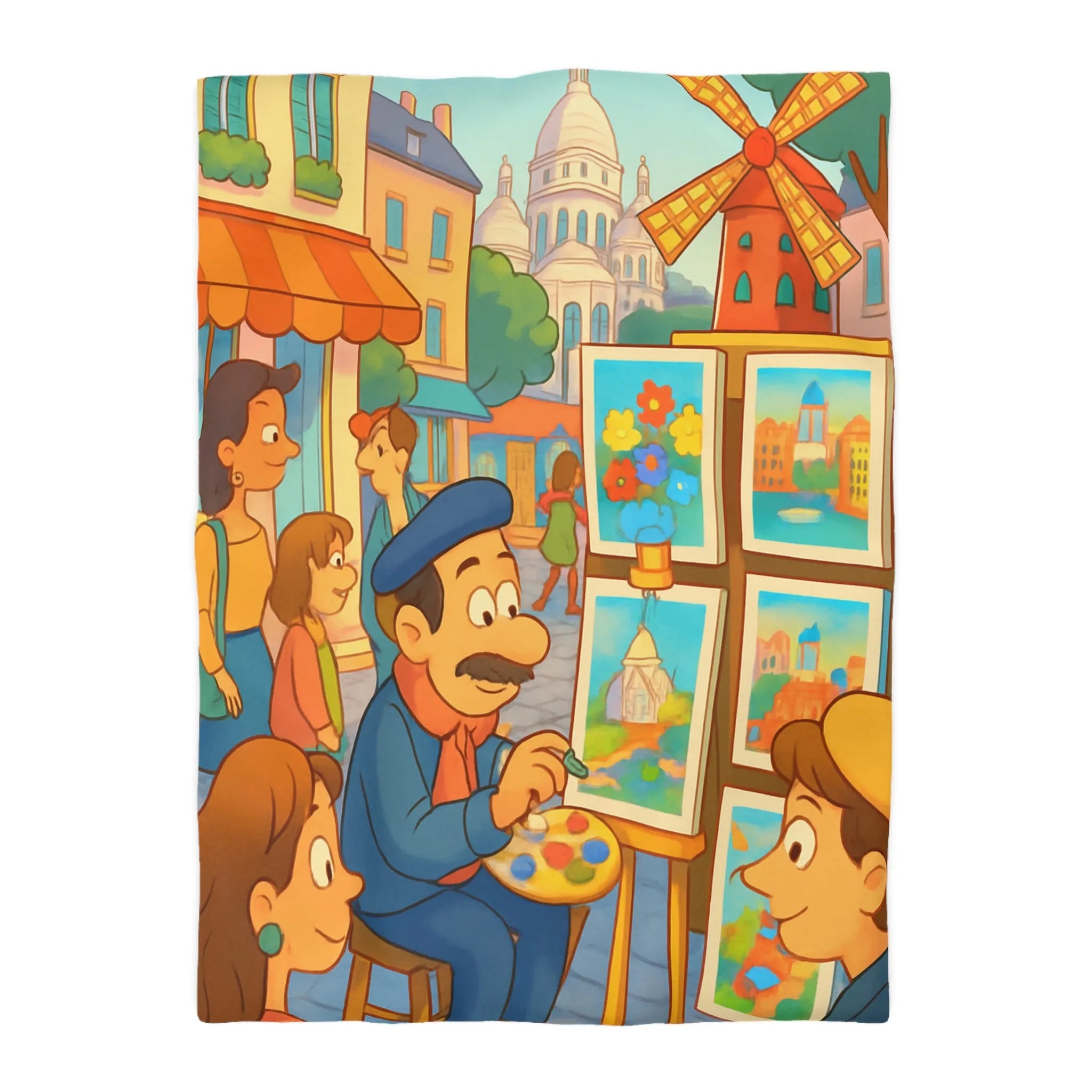 Housse de Couette Illustrée: Scène Parisienne Peintre et Moulin Rouge Enfants