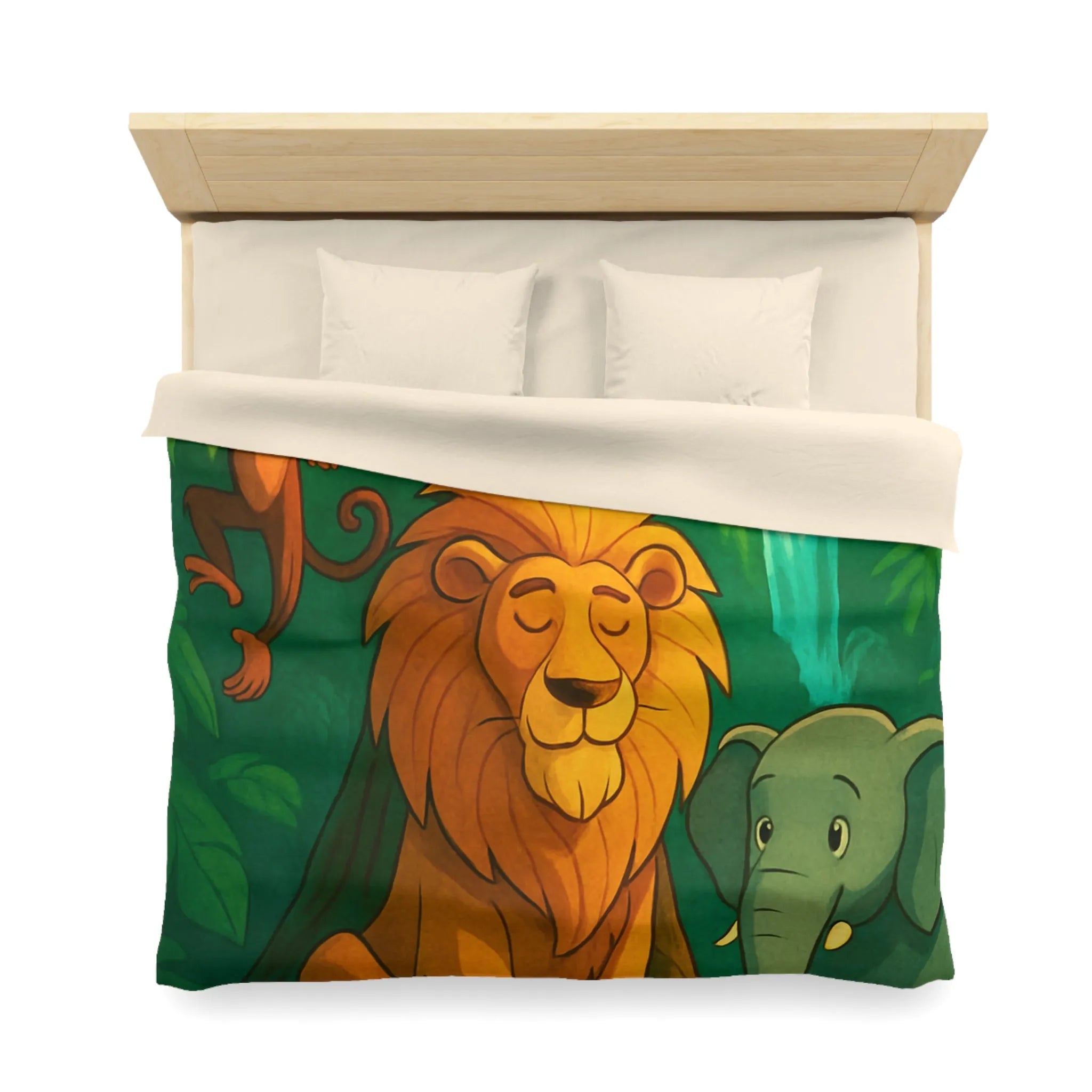 Housse de Couette Jungle Enchantée avec Lion, Singe, Éléphant et Chute d’Eau Magique