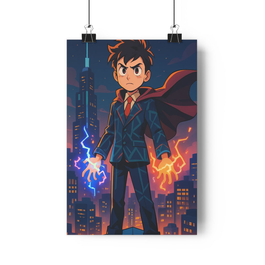 Poster décoratif moderne héros rouge bleu électrique aventure chambre enfant dynamique ville illuminée ambiance