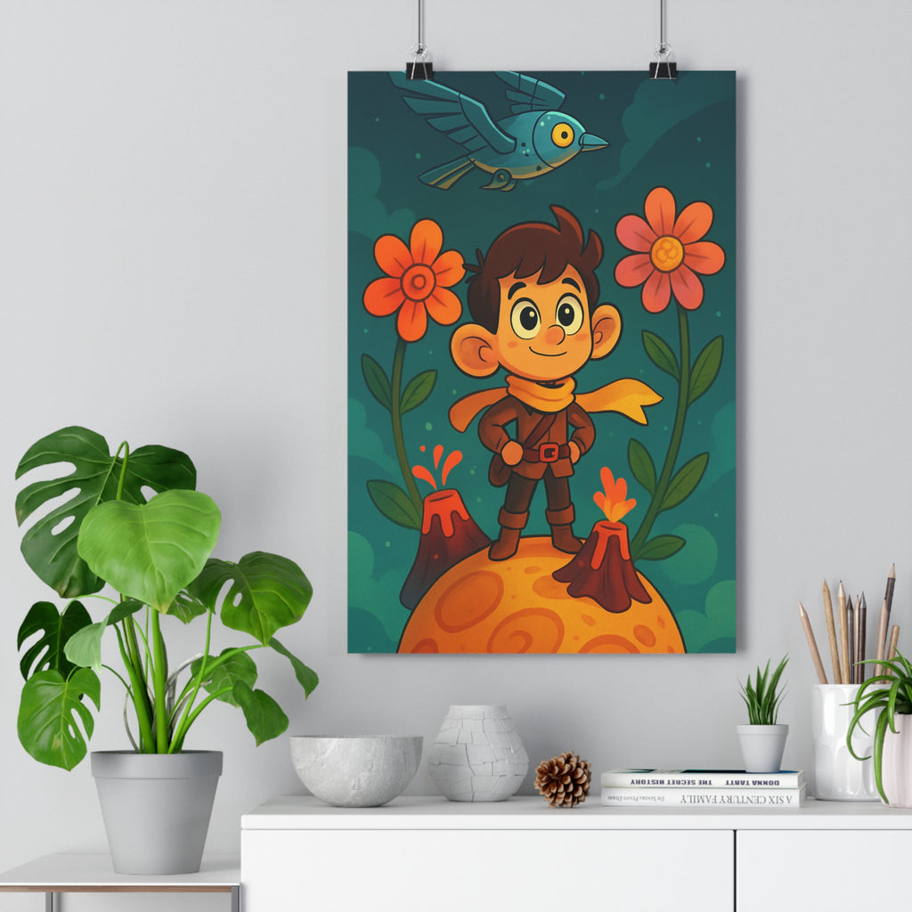 Poster décoratif cartoon futuriste garçon planète orange joyeux couleur vive chambre enfant fantaisie ciel