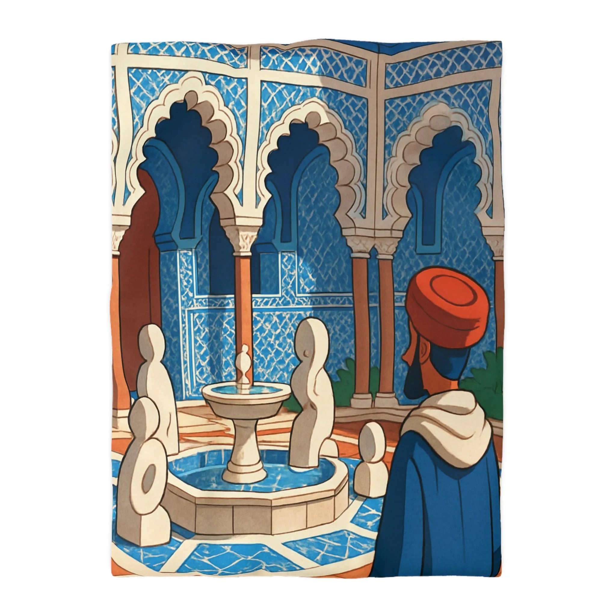 Housse de couette avec design marocain bleu, arches andalouses, fontaine et personnage paisible