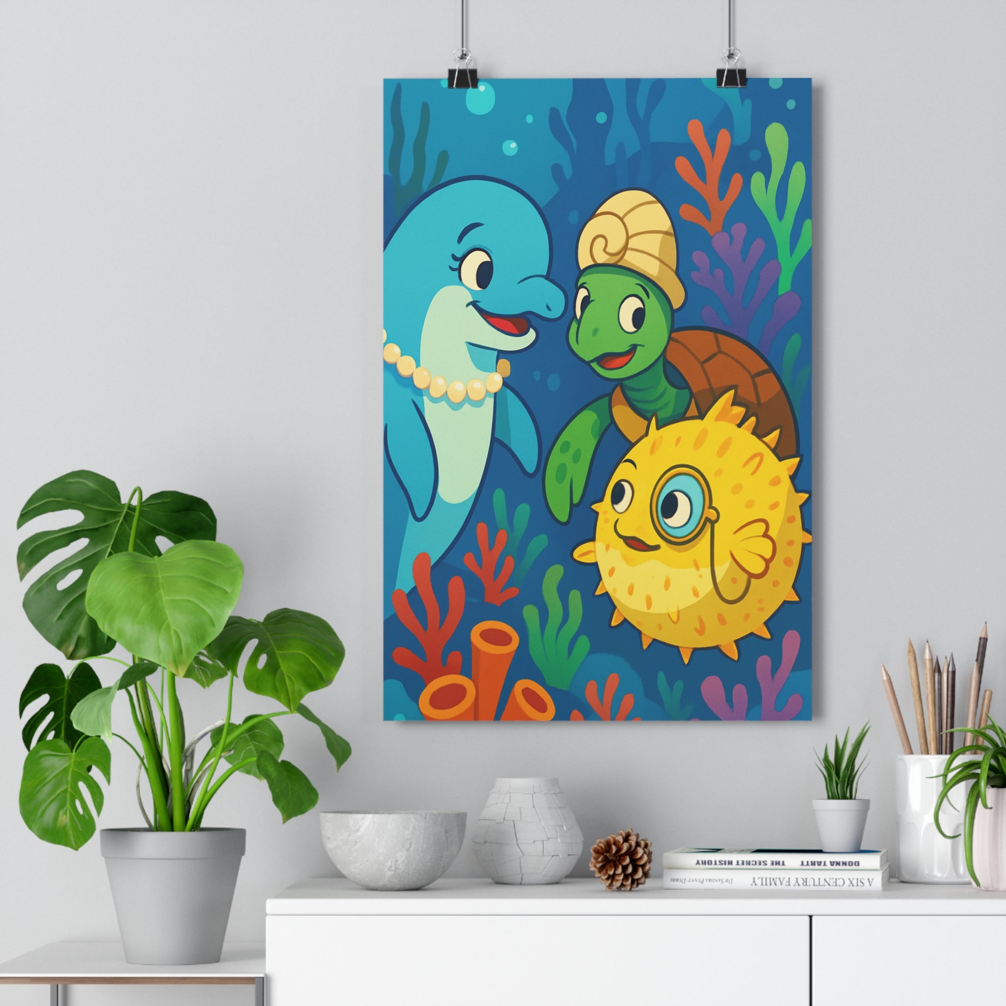 Poster décoratif cartoon bleu vert jaune joyeux chambre enfant créatif océan stylisé ludique aquarium
