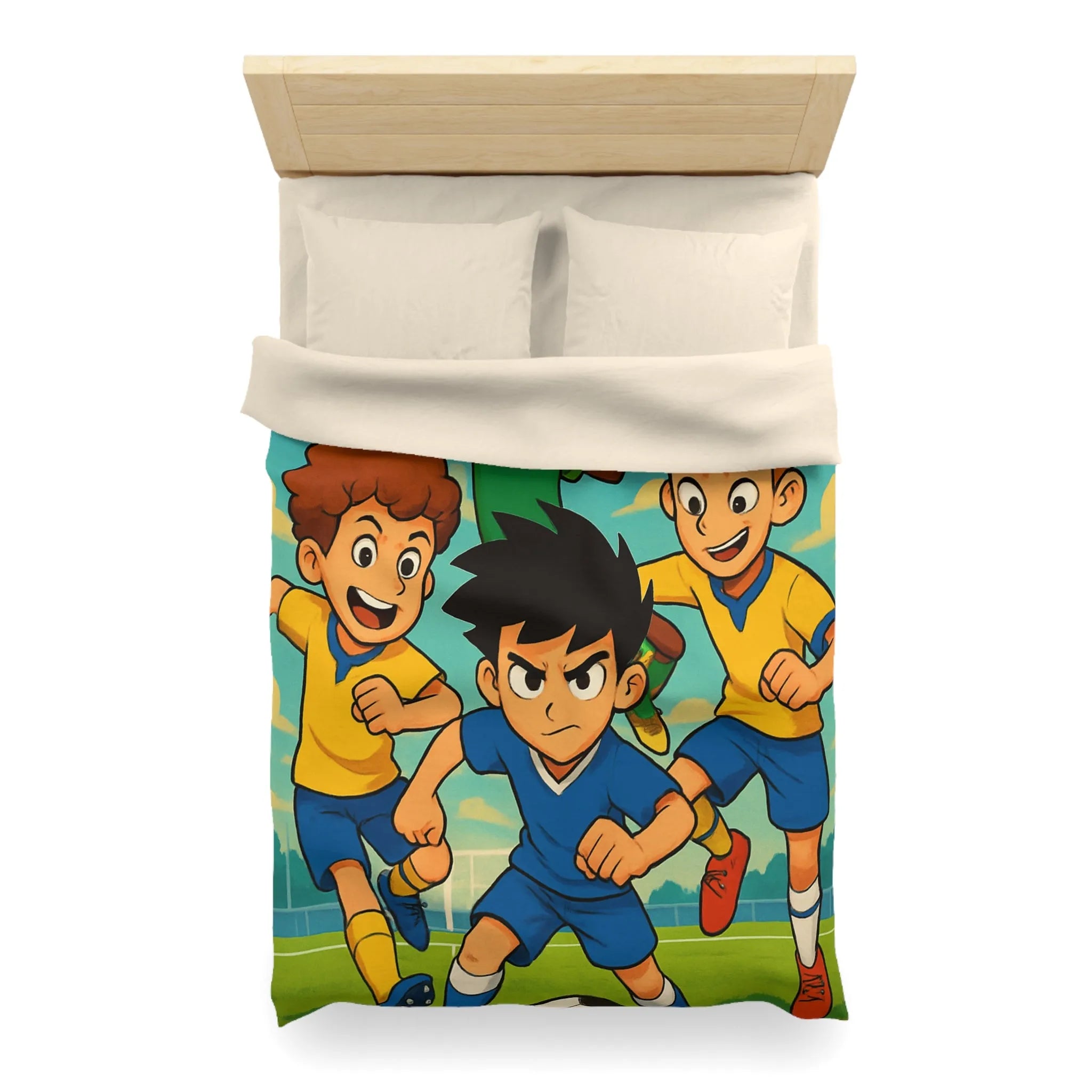 Housse de couette football enthousiaste pour enfants avec joueurs en action et ciel bleu