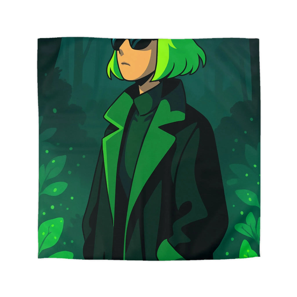 Housse de couette forêt graphique avec personnage mystérieux et nuances vertes élégantes
