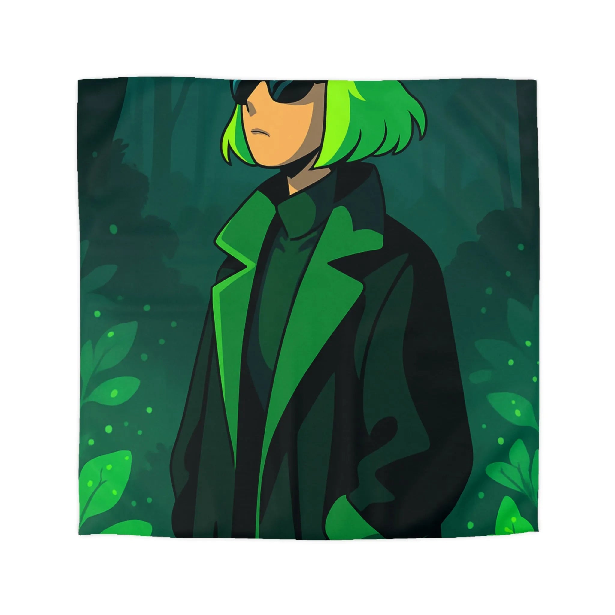 Housse de couette forêt graphique avec personnage mystérieux et nuances vertes élégantes