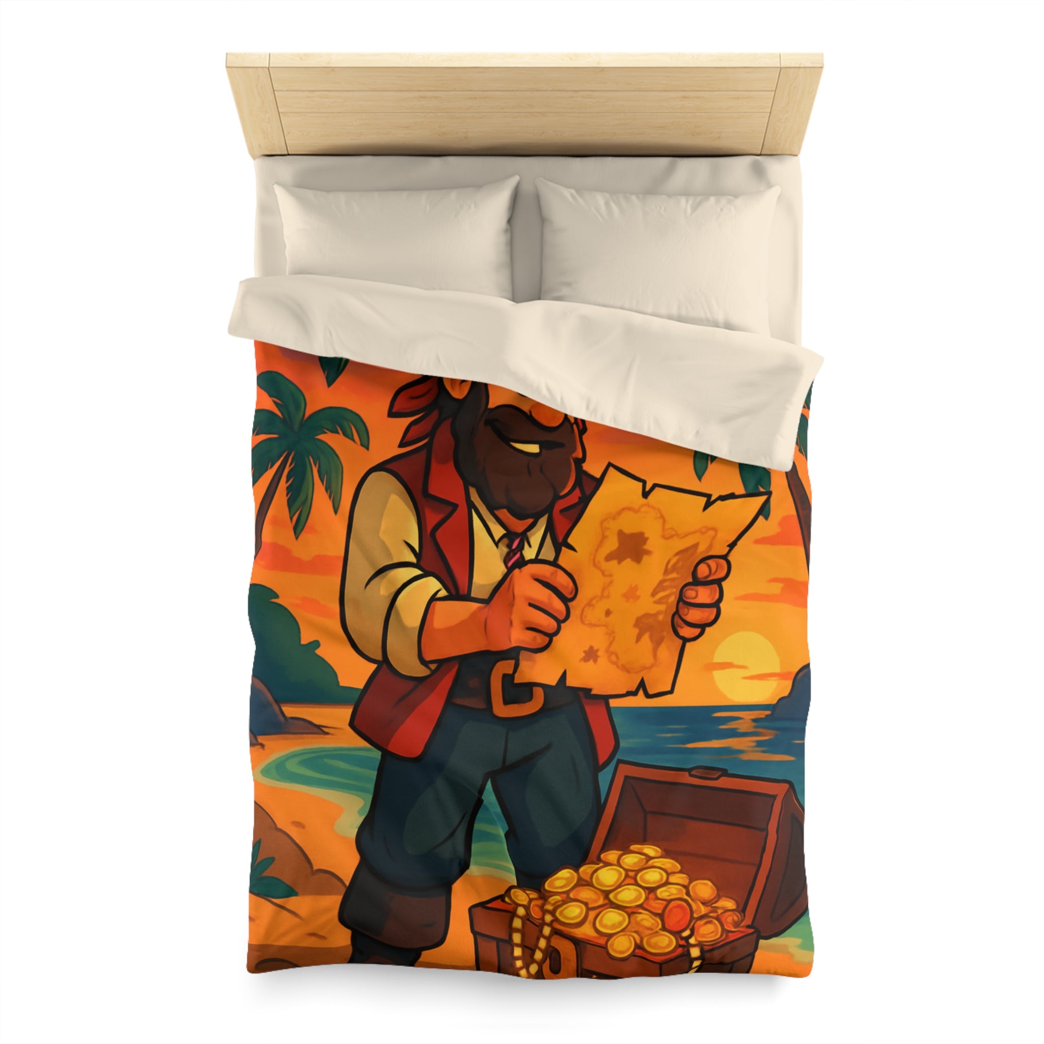 Housse de couette pirate avec coffre au trésor, carte ancienne et palmiers tropicaux