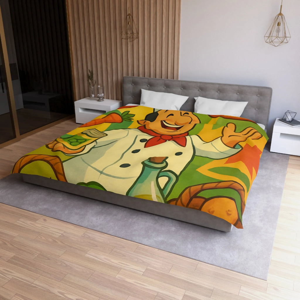 Housse de Couette Illustrée de Chef Heureux avec légumes et Pizza Méditerranéenne Colorée