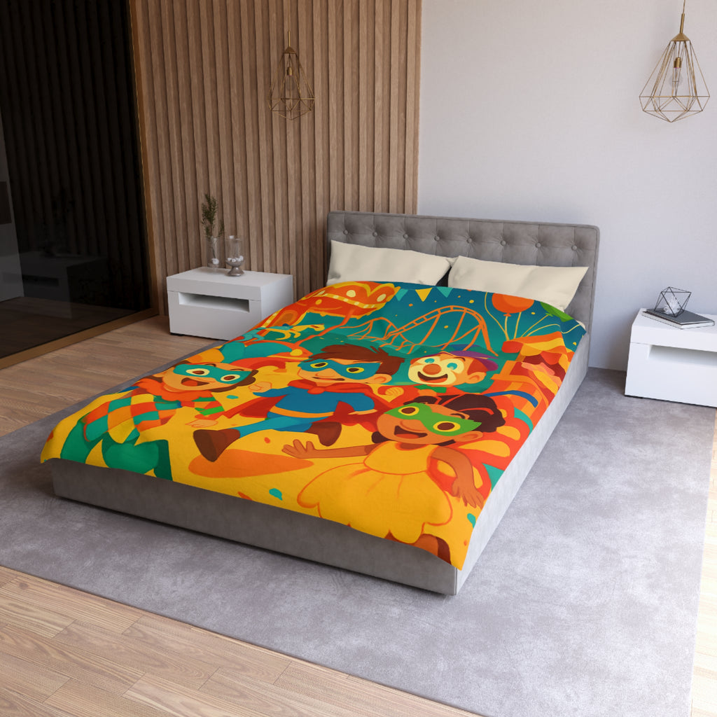 Joyeuse fête foraine avec enfants costumés courant joyeusement parmi attractions colorées nocturnes