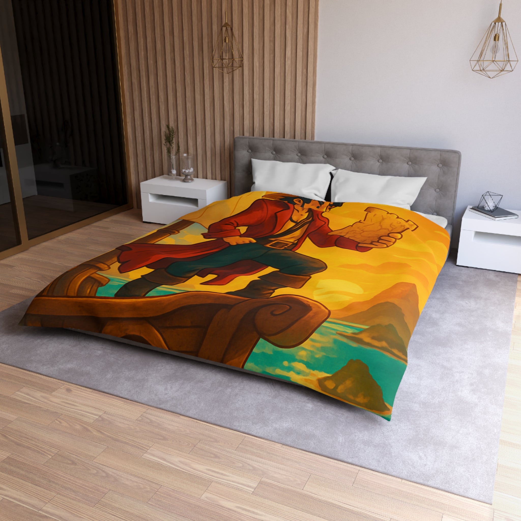 Housse de Couette Pirate Aventurier sur Bateau en Mer au Coucher du Soleil