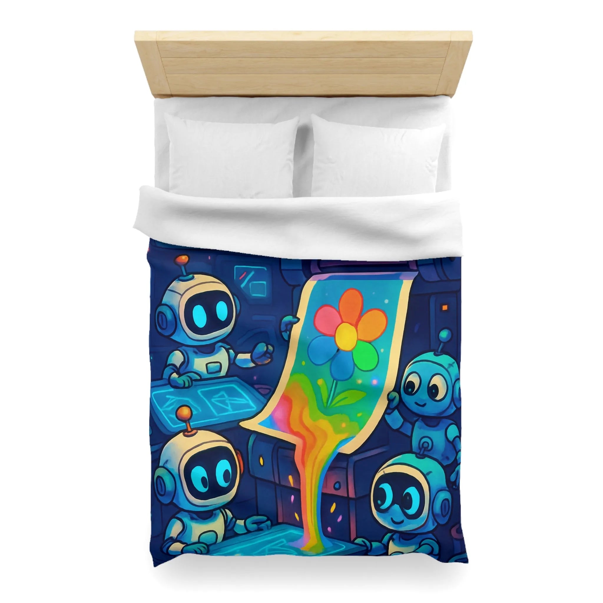 Drôles de robots imprimant une fleur colorée dans un atelier futuriste lumineux