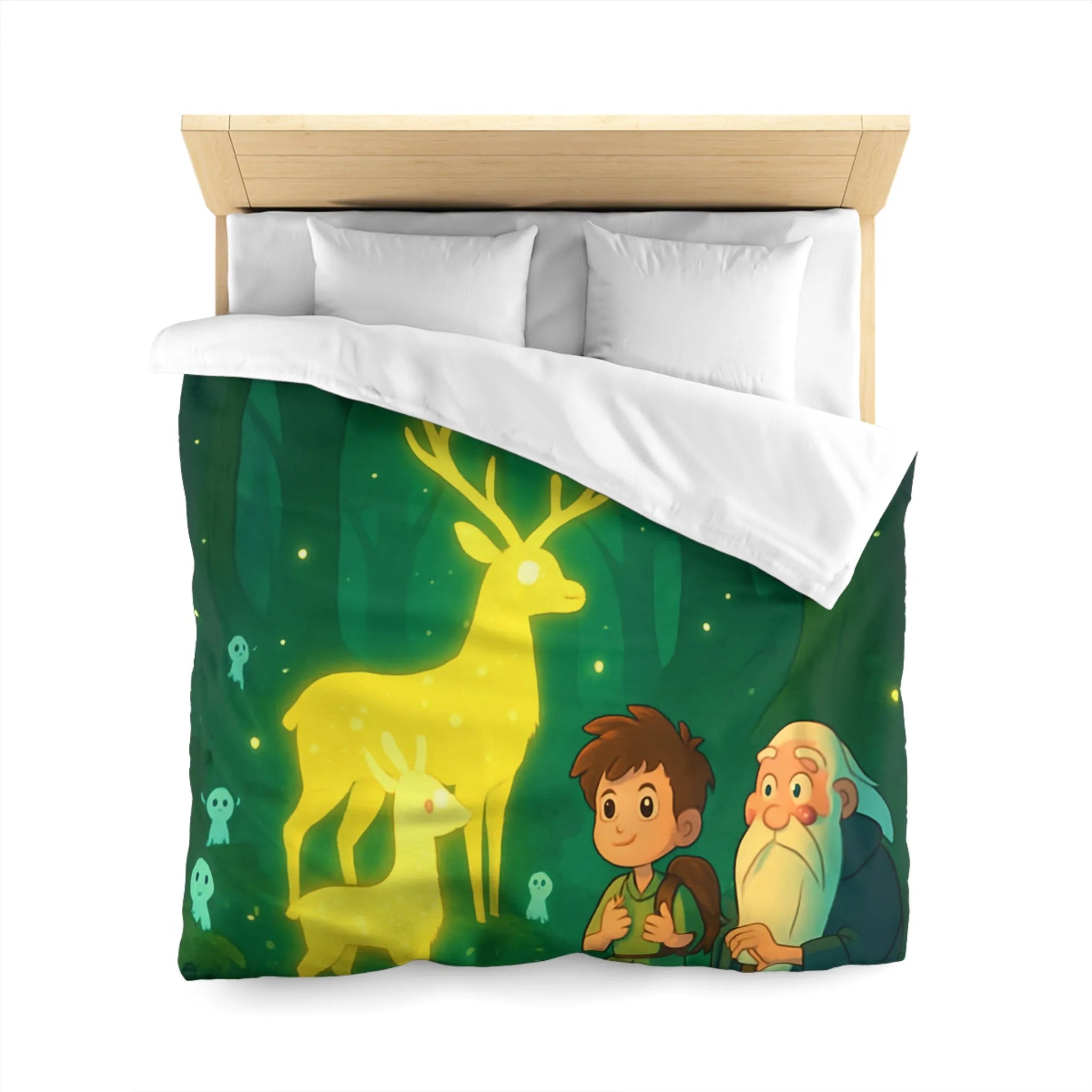 Housse de couette féerique avec cerfs lumineux et personnages dans une forêt enchantée