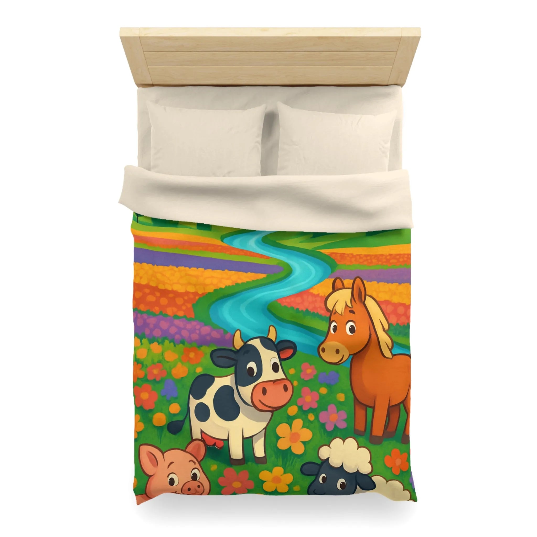 Housse de couette enfantine illustrée animaux de ferme joyeux et paysage champêtre coloré