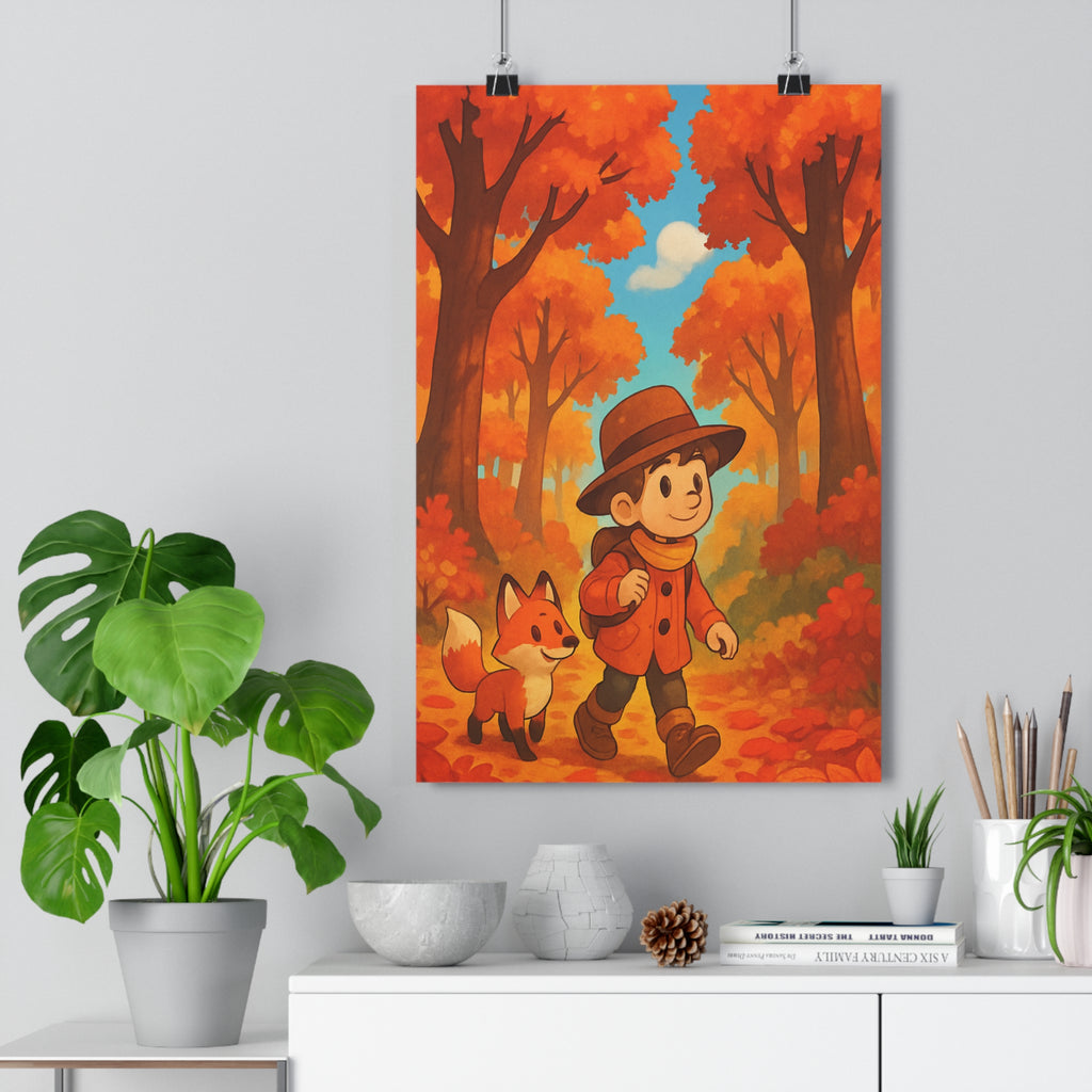 Poster décoratif forêt automne joyeux enfant aventure orange bleu chambre salon chaleureux 30x46 cm