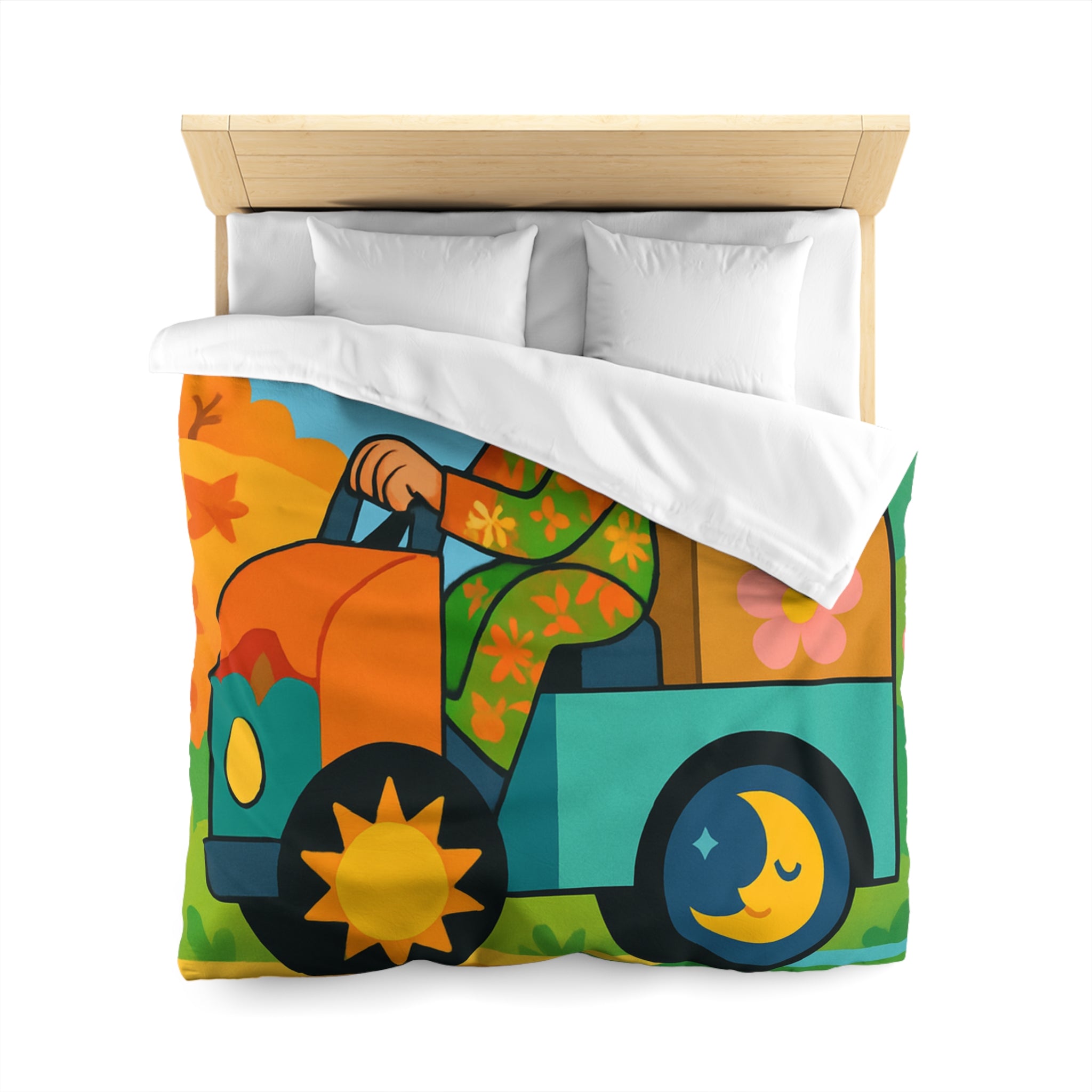 Housse de Couette Paisible Illustrant un Paysage Automnal avec Motifs Floraux et Naturels