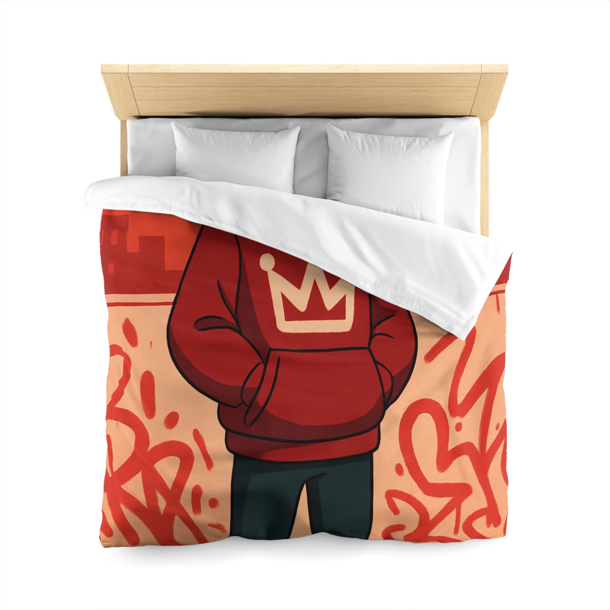 Housse de couette urbaine rouge avec motif couronne et graffiti artistique moderne