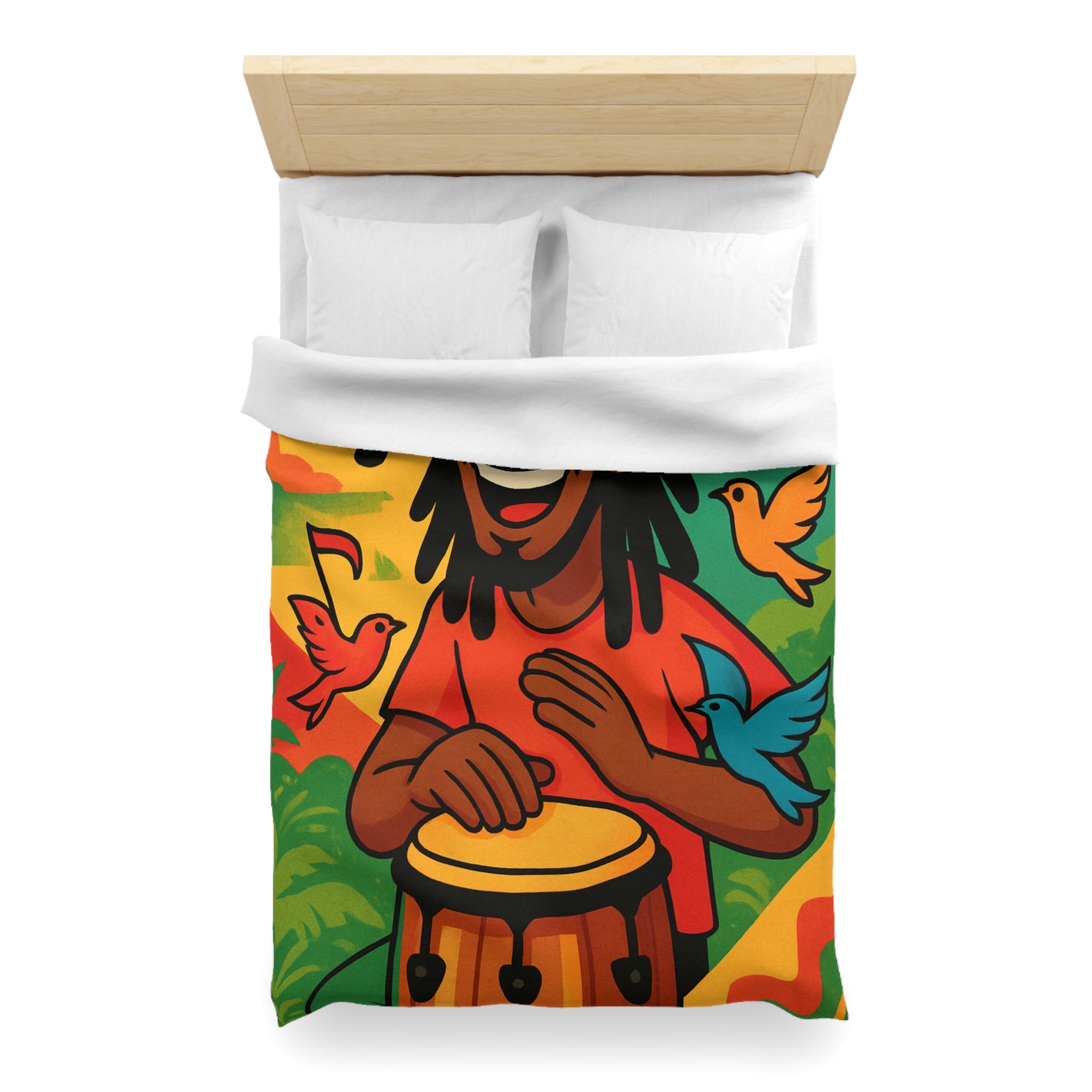 Housse de couette vibrante arc-en-ciel reggae avec tambour, palmiers et oiseaux colorés