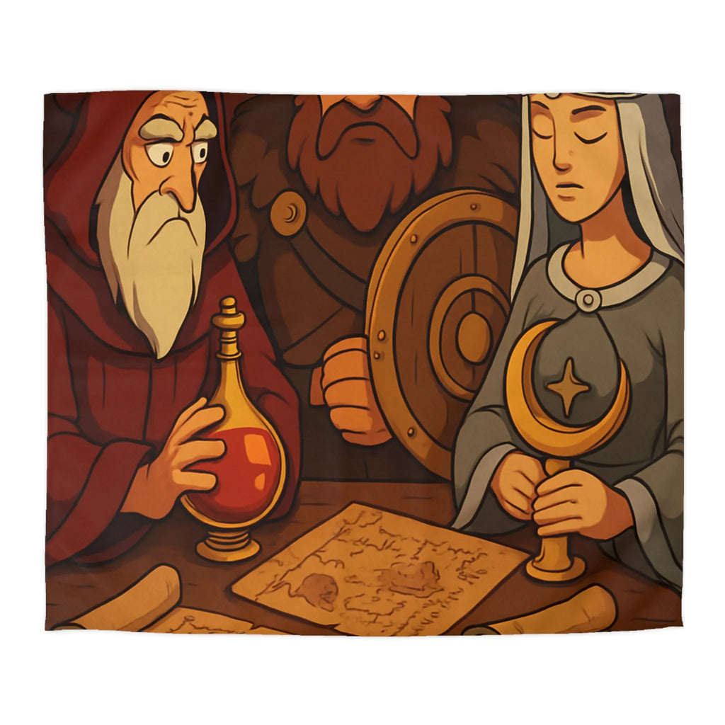 Housse de couette médiévale avec guerrier, mage et princesse tenant des artefacts anciens