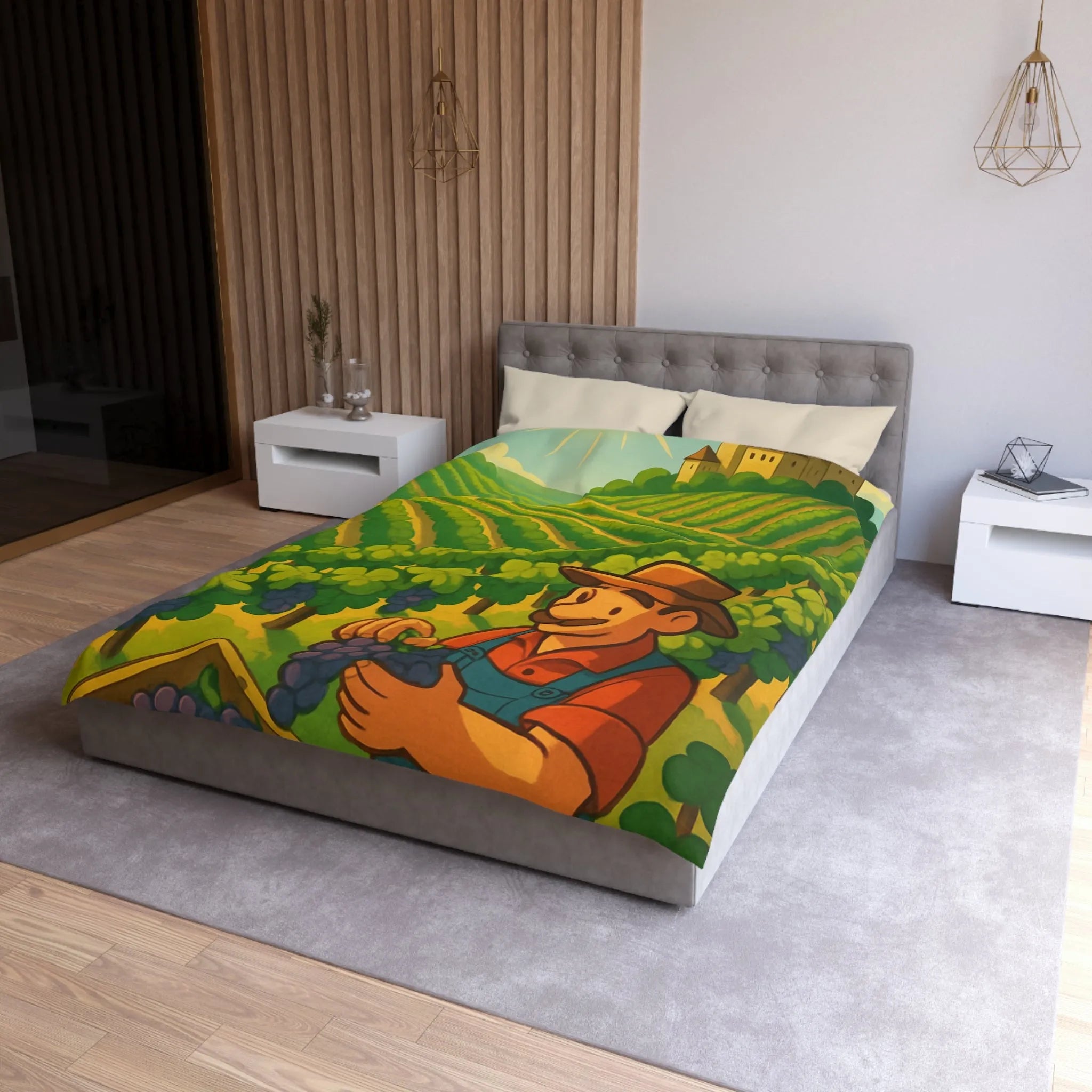 Housse de couette illustration de vendangeur dans un vignoble éclairé par soleil radieux