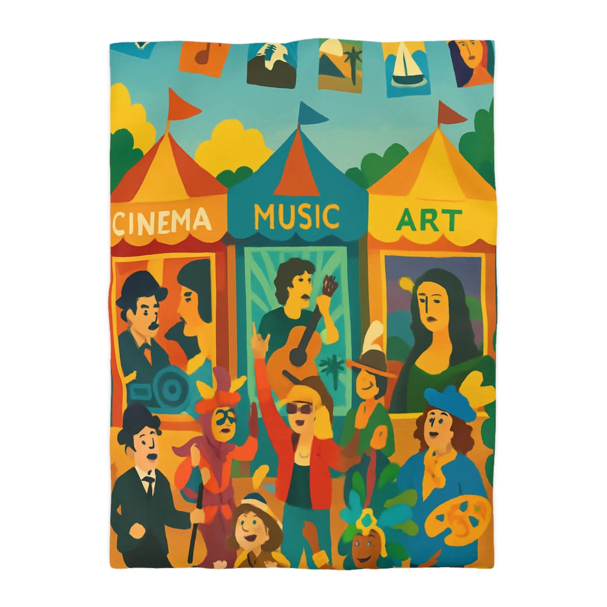 Housse de couette colorée avec motifs cinéma, musique et art, ambiance festive bohème