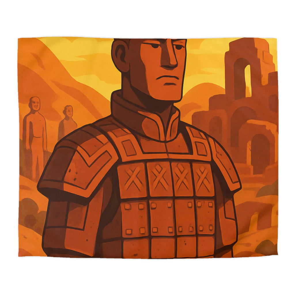 Housse de couette inspirée des guerriers antiques dans un style artistique épuré et vibrant