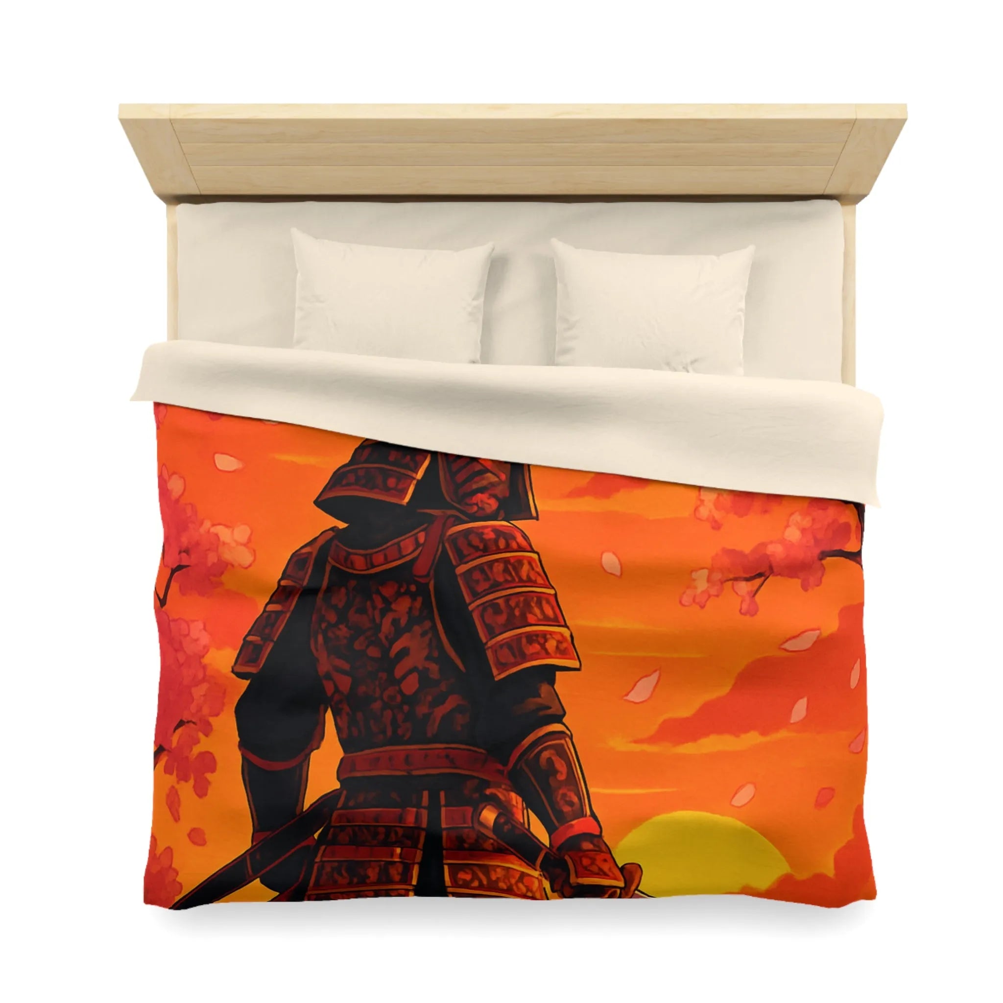 Housse de couette avec motif samouraï au coucher du soleil, arbres et fleurs roses